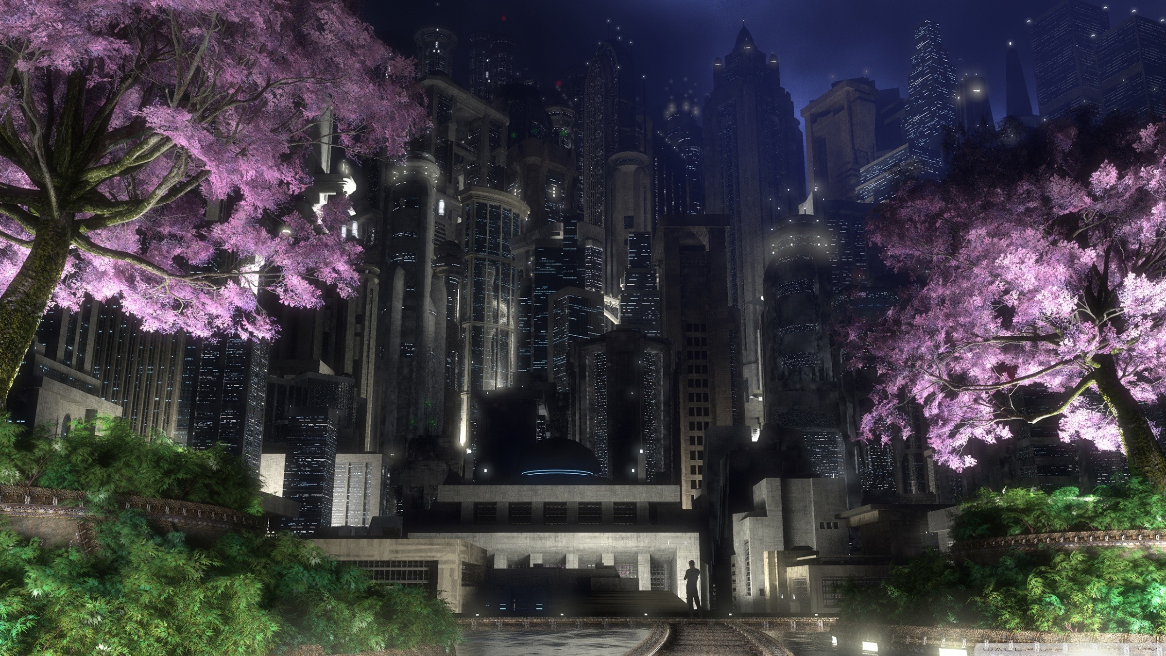 Gotham City, Grattacieli, Alberi in fiore, Notte, 16:9 Full HD, sfondo widescreen