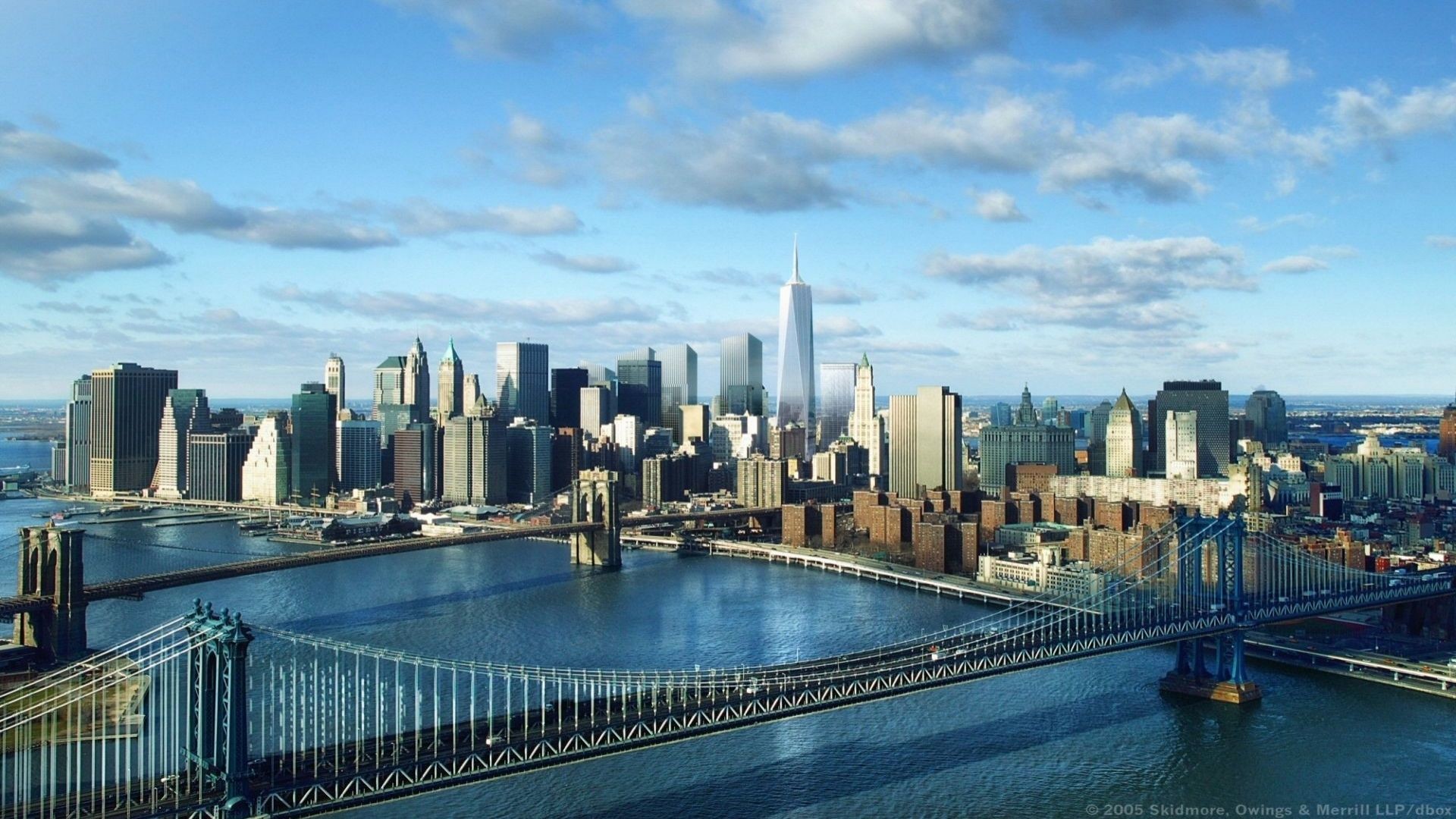 Ponte di Brooklyn, Manhattan Bridge, Lower Manhattan, Skyline, 16:9 Full HD, sfondo widescreen