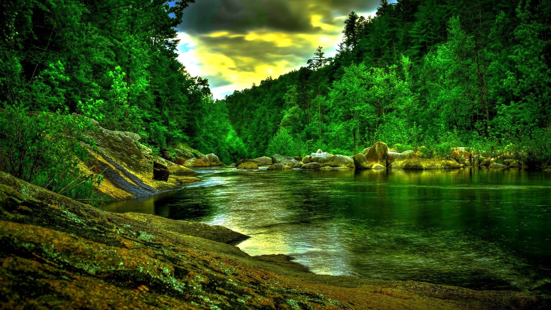 Fiume, Foresta, Rocce, Cielo nuvoloso, 1920x1080, sfondo per PC