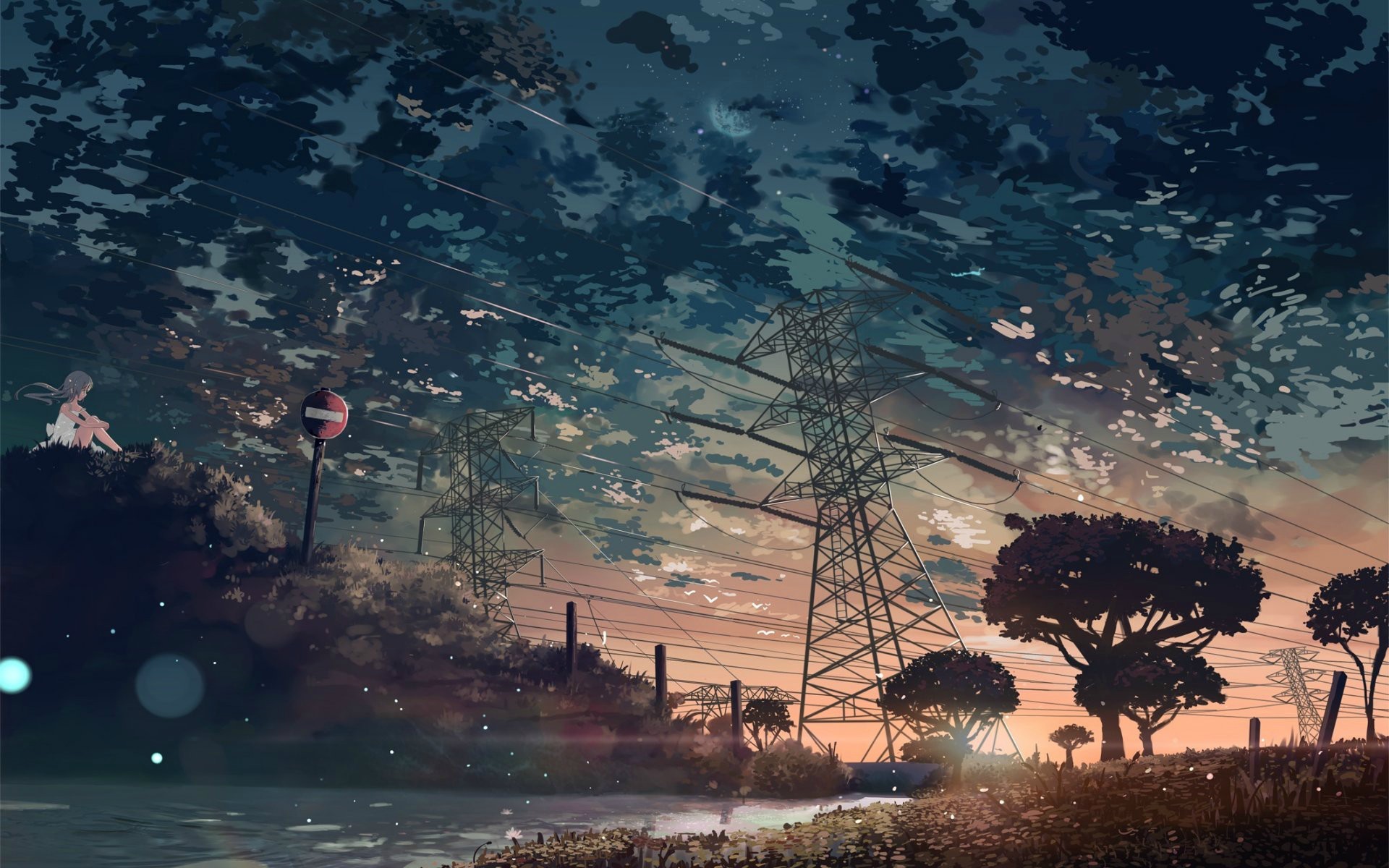Anime, Paesaggio, Tralicci, Tramonto, 1920x1200, immagine di sfondo