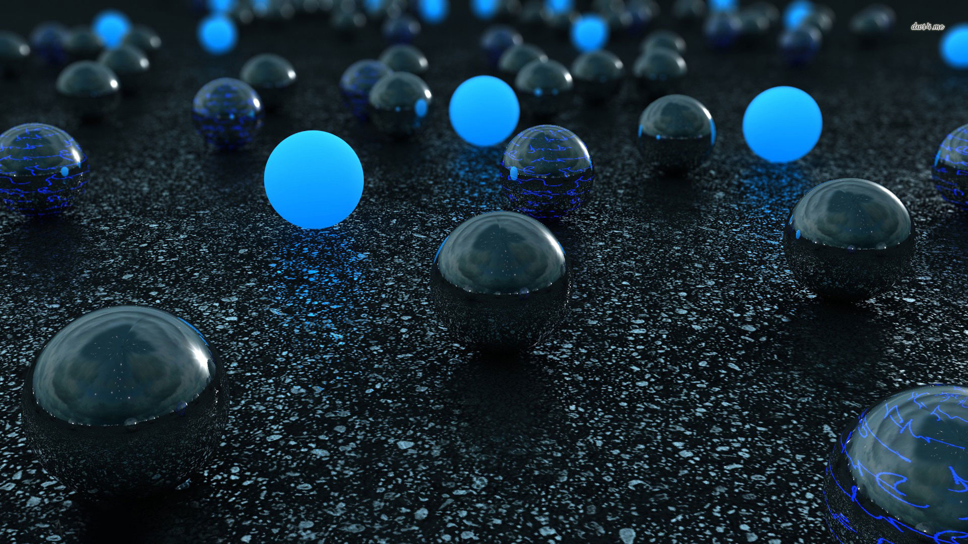 Sfere luminose, Arte 3D, Blu, Sfondo scuro, 16:9 Full HD, wallpaper widescreen