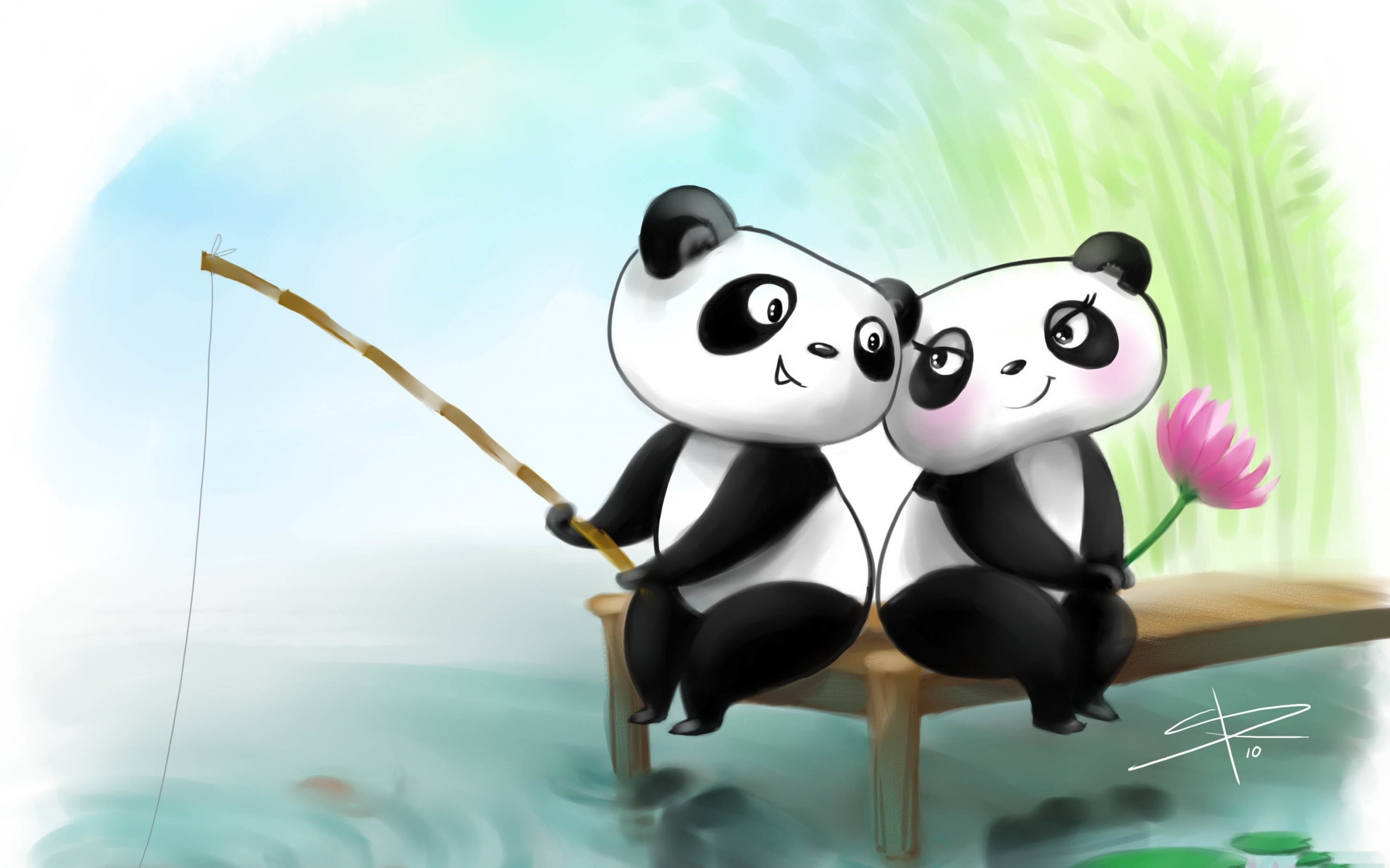 Coppia di panda, Pesca, Fiore di loto, Cartone, 2K, sfondo desktop