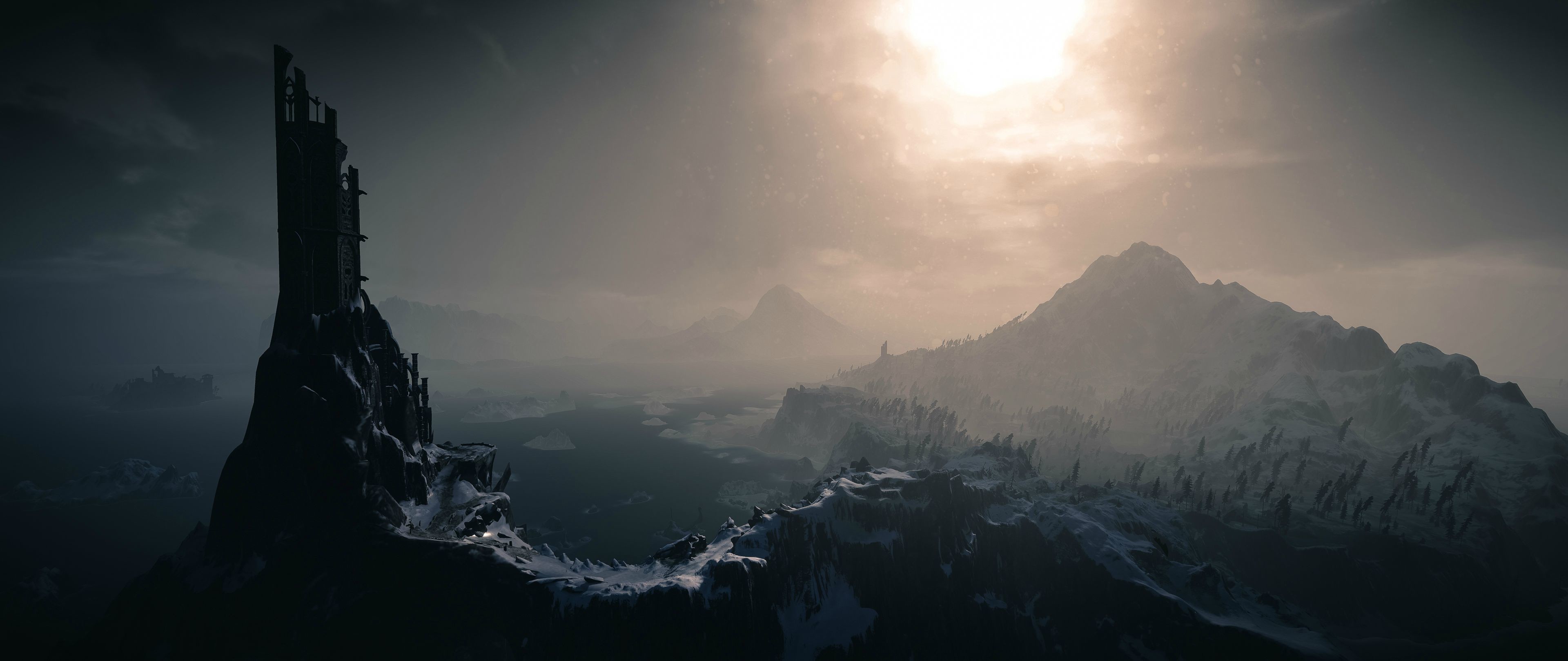The Witcher 3: Wild Hunt, Torre, Montagne, Nebbia, 21:9 2K, sfondo per monitor ultrawide