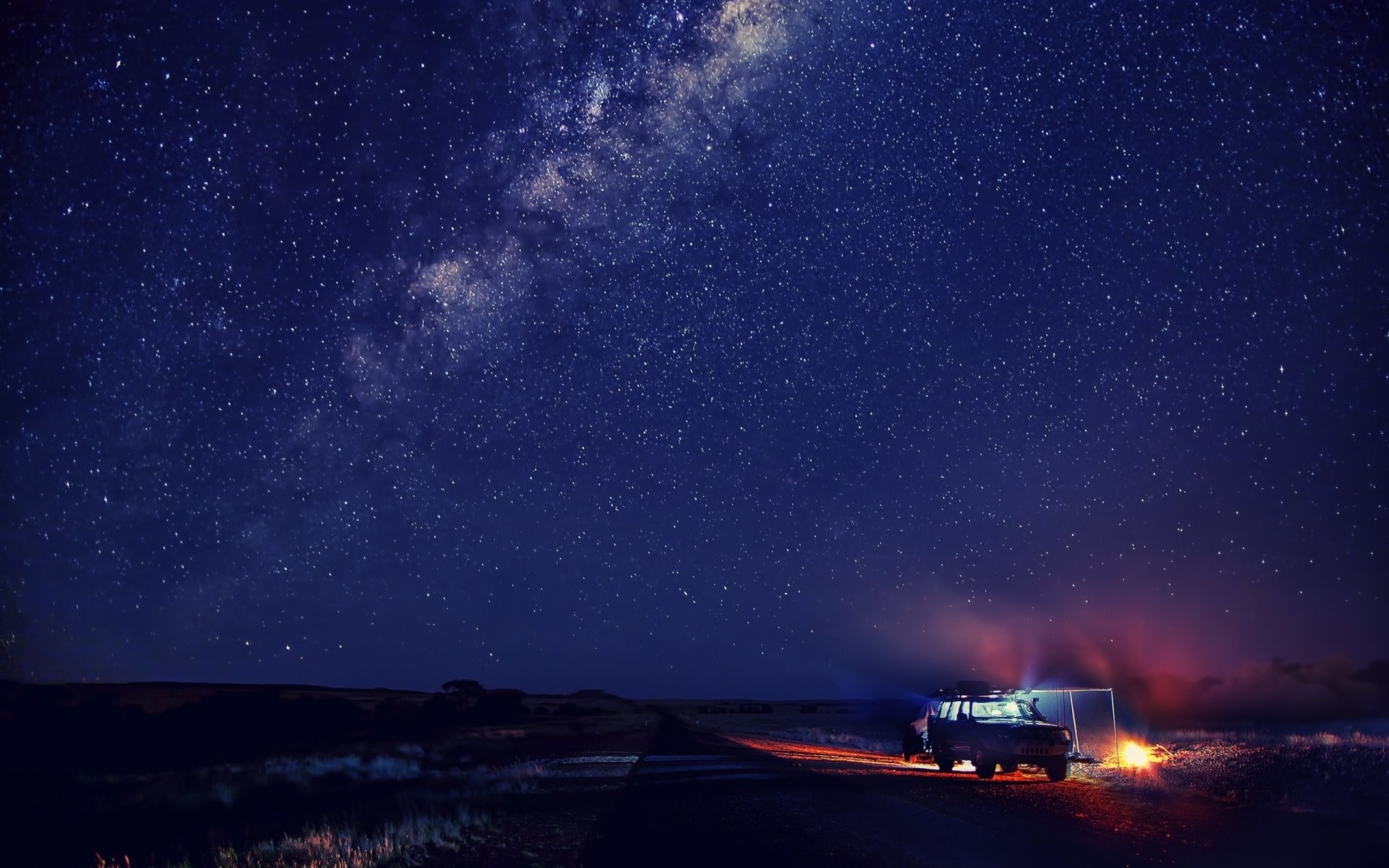 Via Lattea, Cielo stellato, Campeggio, Fuoco, Notte, Full HD, wallpaper per computer