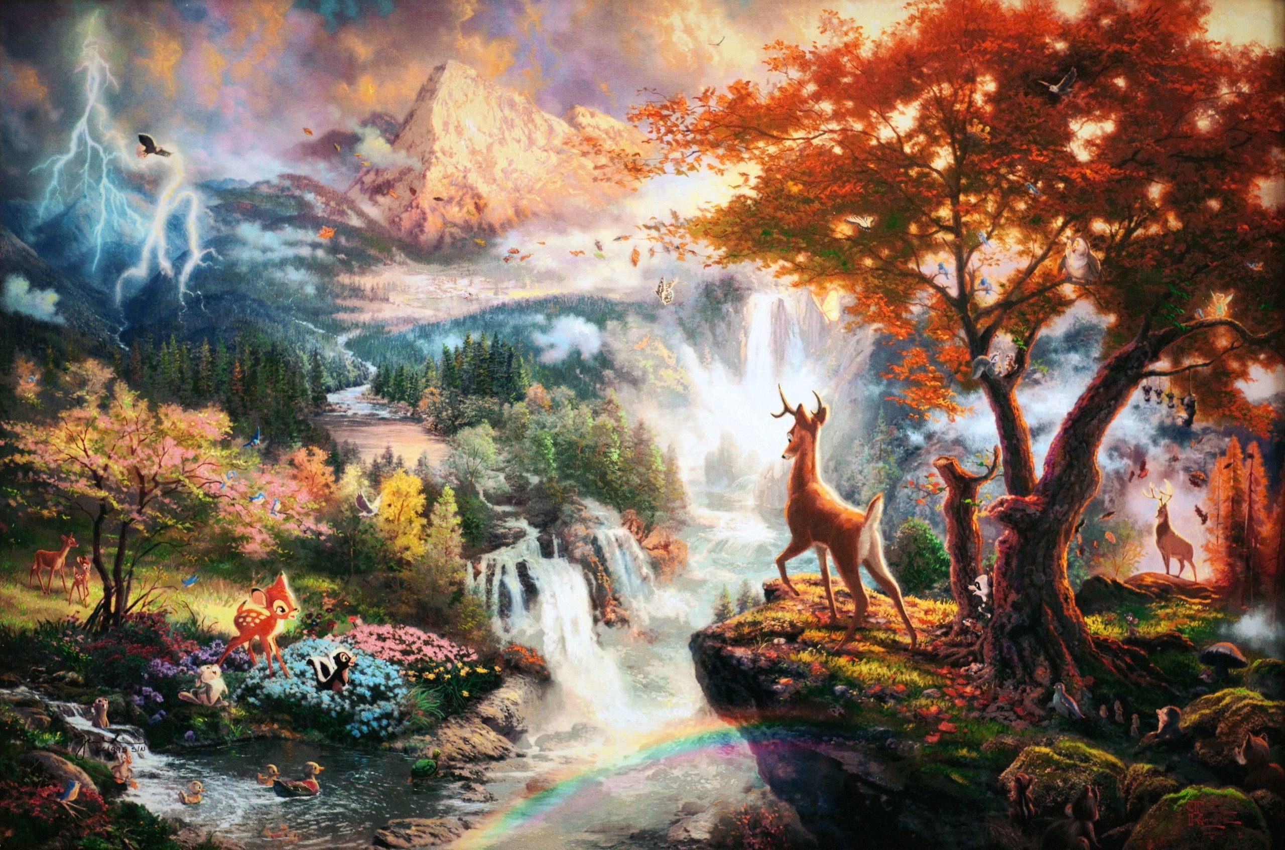 Bambi, Thomas Kinkade, Cascata, Foresta, Pittura, 2K, wallpaper per portatile