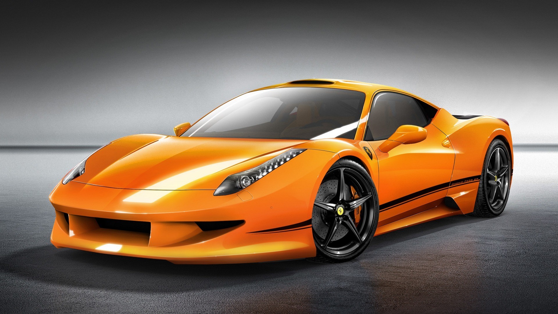 Ferrari 458 Italia, Arancione, Sfondo grigio, Supercar, 16:9 Full HD, wallpaper widescreen