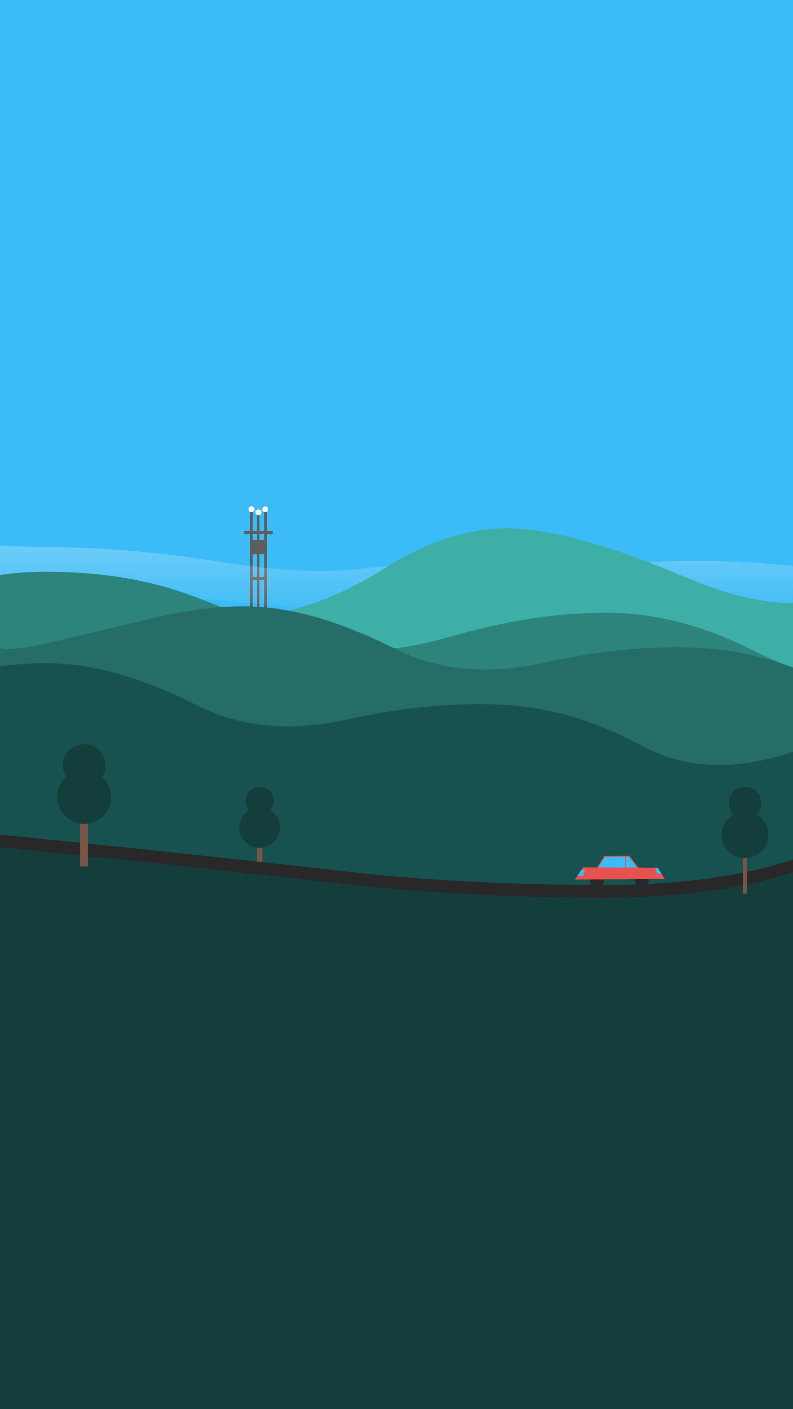 Colline verdi, Illustrazione piatta, Cielo azzurro, Minimalista, sfondo verticale per cellulare