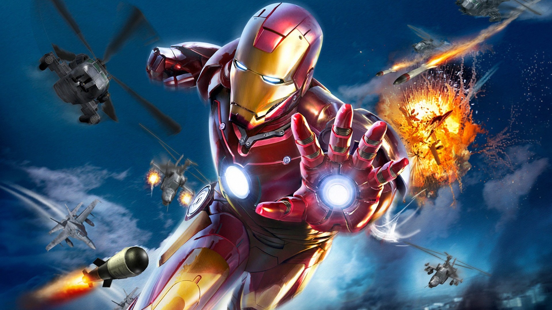 Iron Man, Marvel, Elicotteri, Battaglia, Illustrazione, 16:9 Full HD, sfondo widescreen