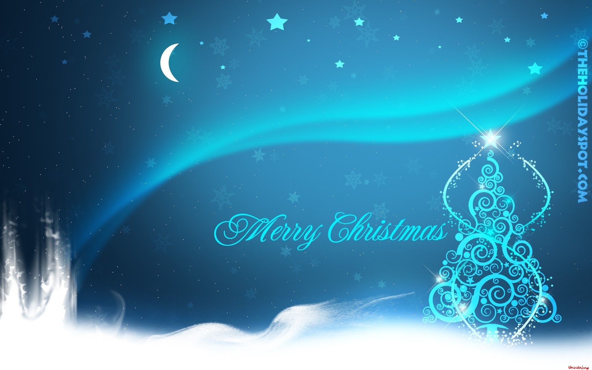 Albero di Natale stilizzato, Merry Christmas, Luna, Aurora, Turchese, sfondo per portatile
