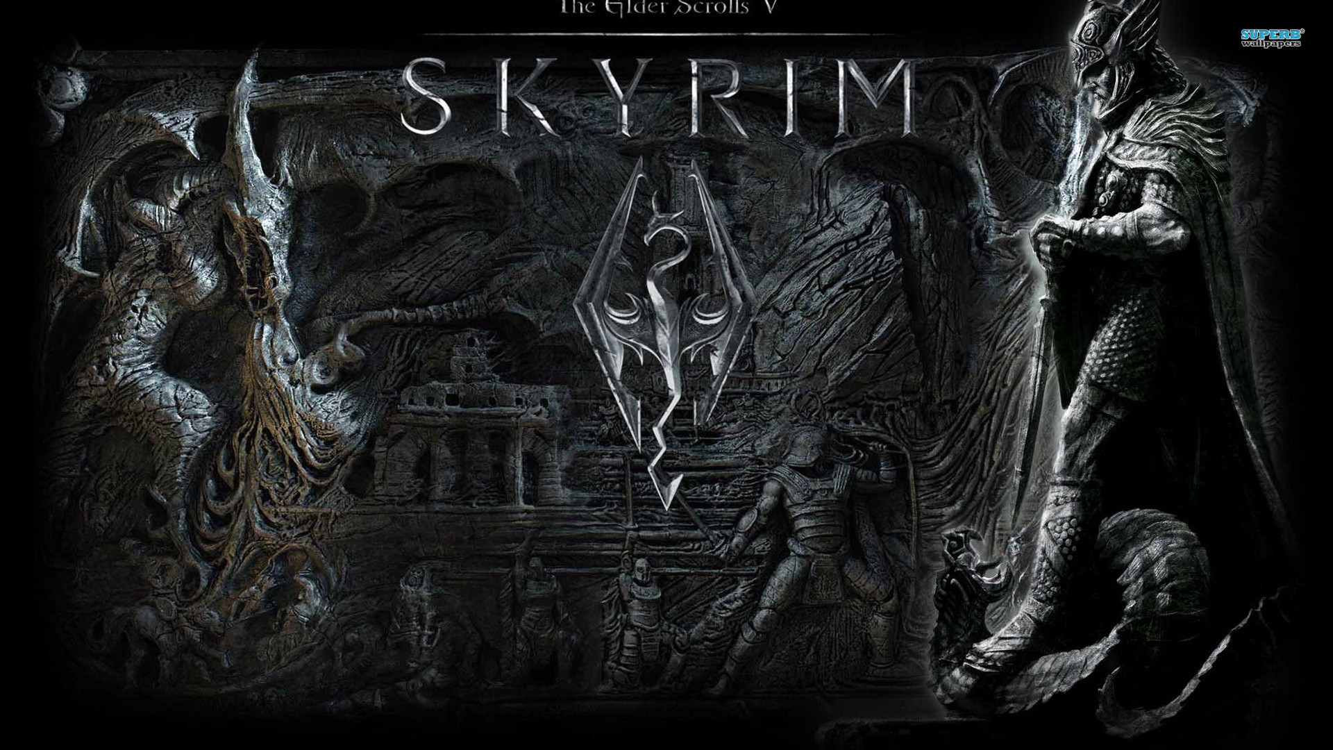 The Elder Scrolls V: Skyrim, Bassorilievo, Simbolo di Skyrim, Grigio, sfondo Windows 11