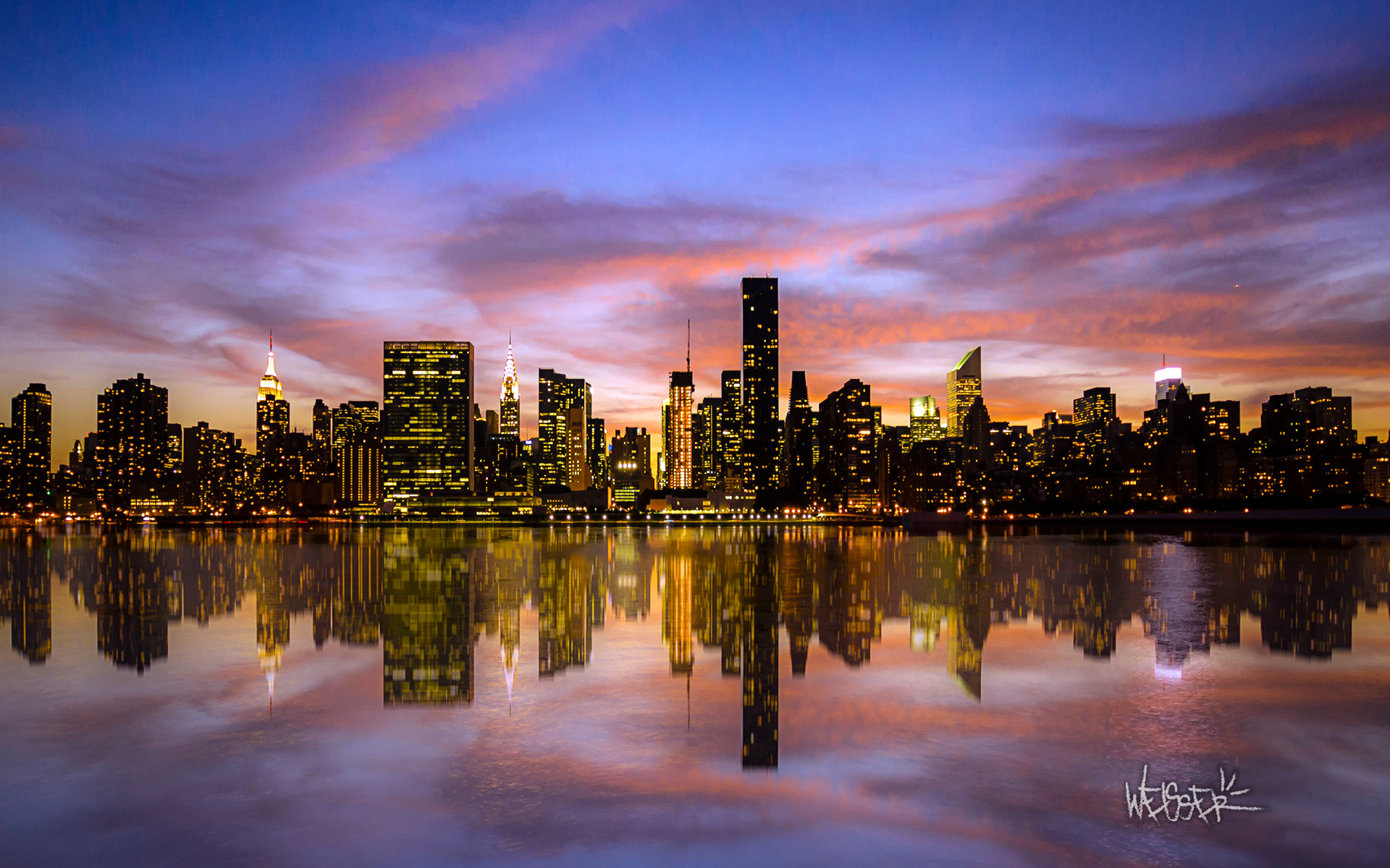 Skyline di Manhattan, Riflesso, Tramonto, East River, Full HD, sfondo per PC e portatile
