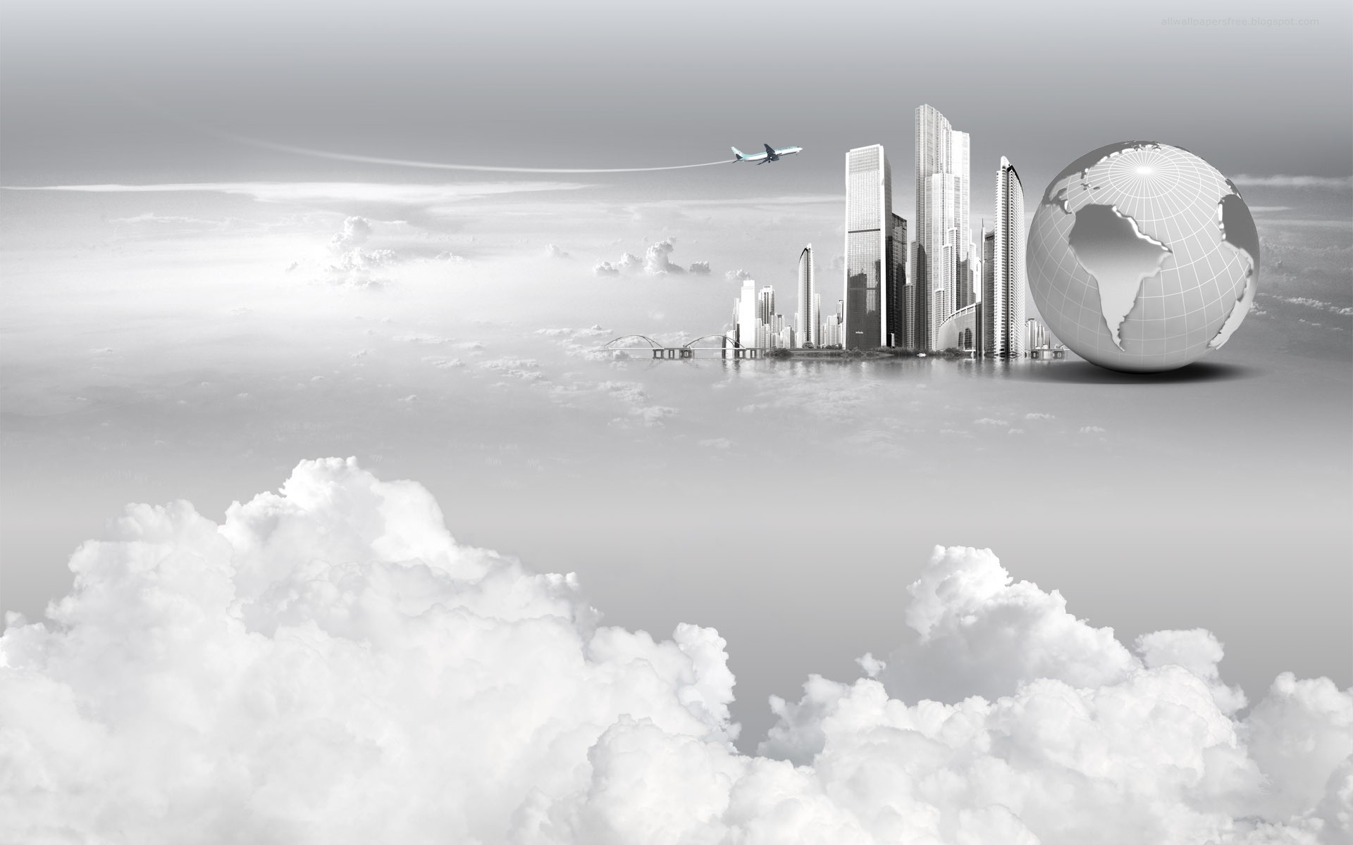 Città tra le nuvole, Globo, Grattacieli, Grigio, Full HD, wallpaper per portatile