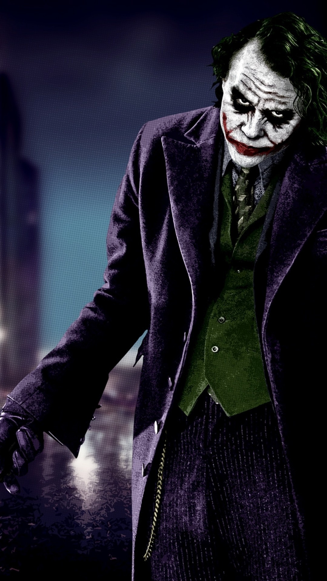 Joker, Heath Ledger, Il cavaliere oscuro, Notte, Città, sfondo per iPhone e Android