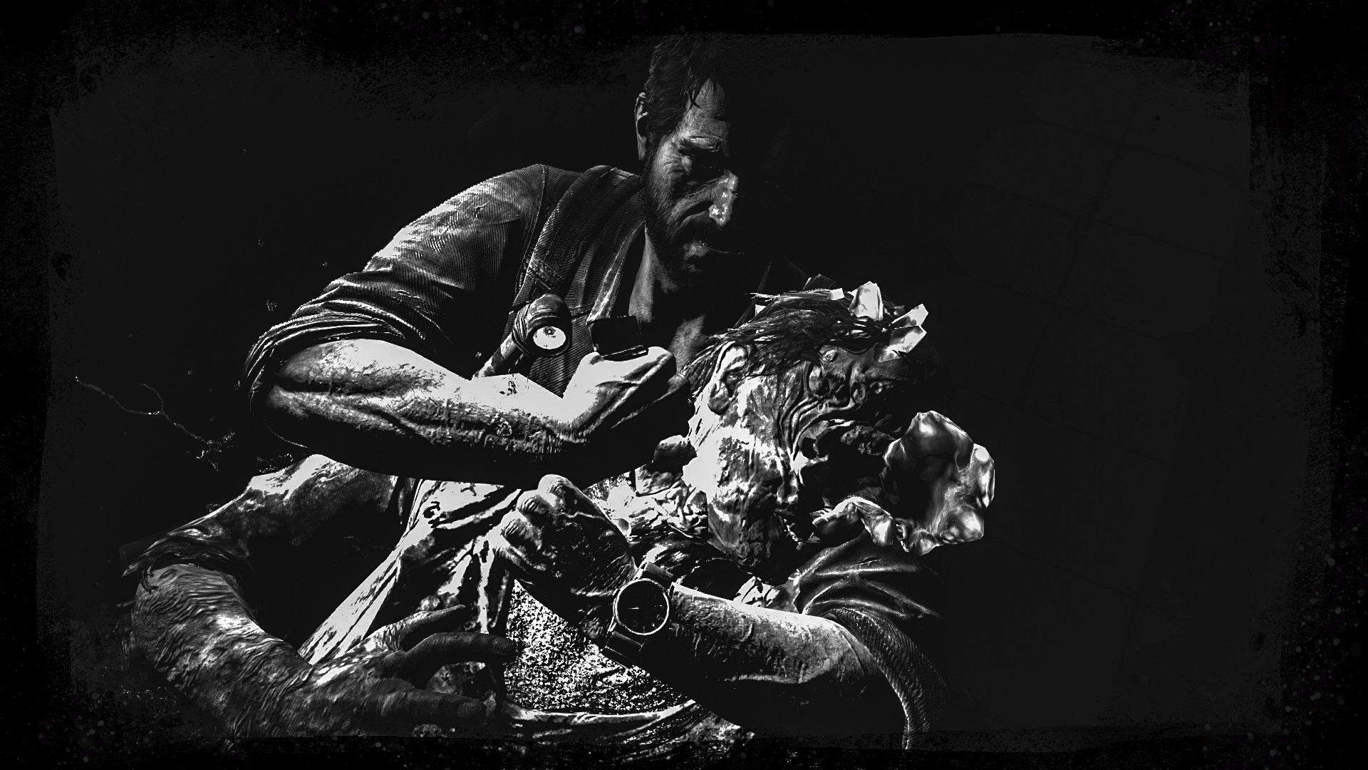 The Last of Us, Joel, Clicker, Combattimento, Bianco e nero, Full HD, sfondo desktop