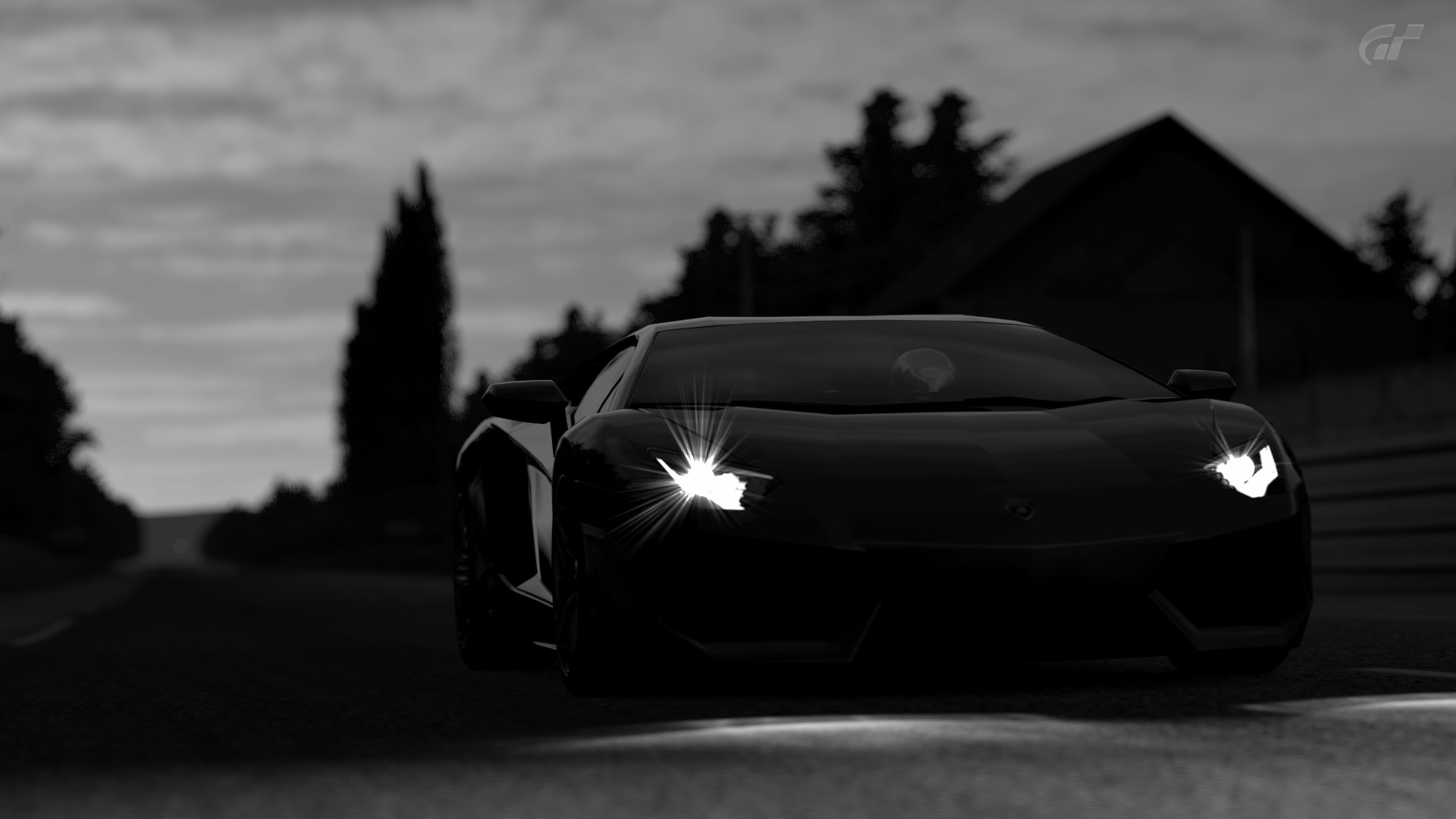 Lamborghini Aventador, Bianco e nero, Fari accesi, Notte, Supercar, sfondo widescreen Full HD