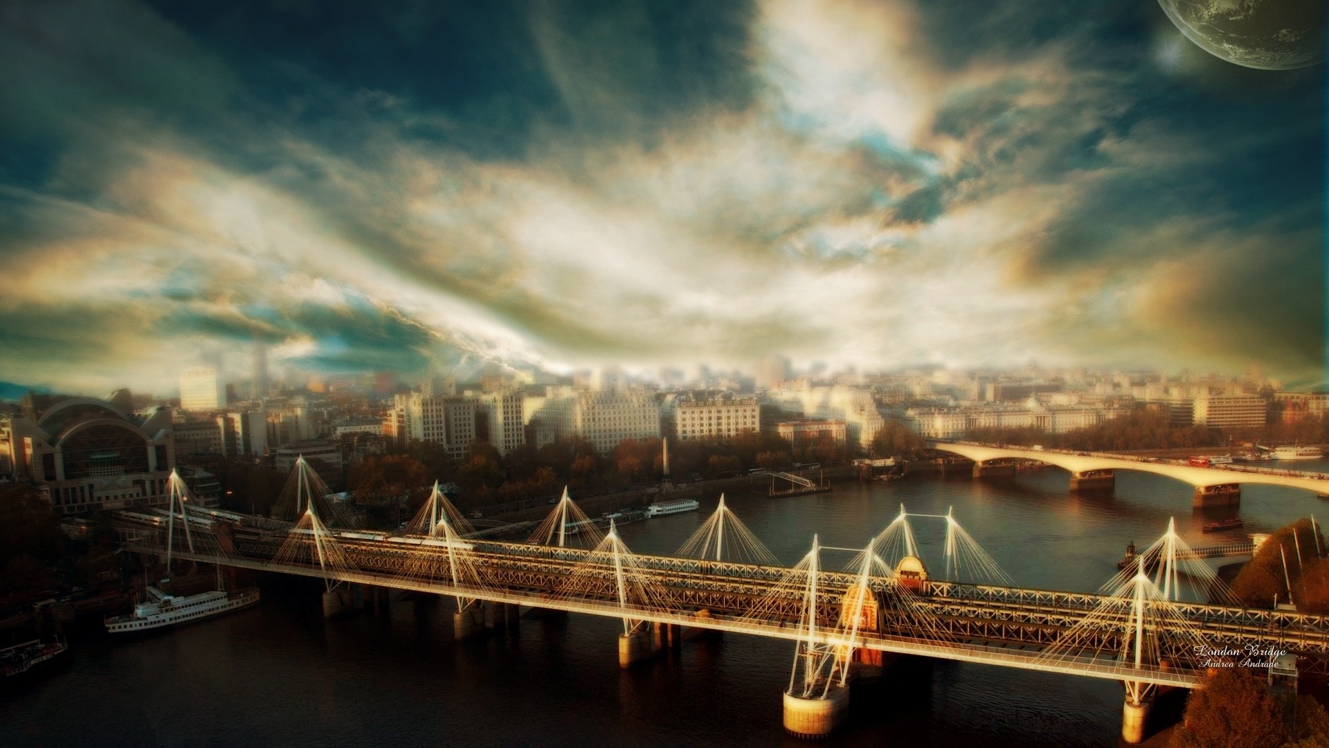 Hungerford Bridge, Tamigi, Londra, Cielo drammatico, HDR, 1920x1080, sfondo per PC