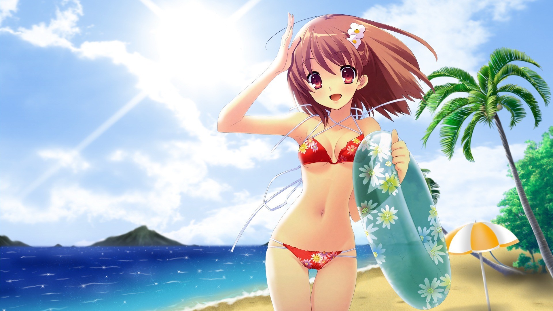 Ragazza anime, Bikini, Spiaggia, Salvagente, Palme, 1920x1080, immagine di sfondo