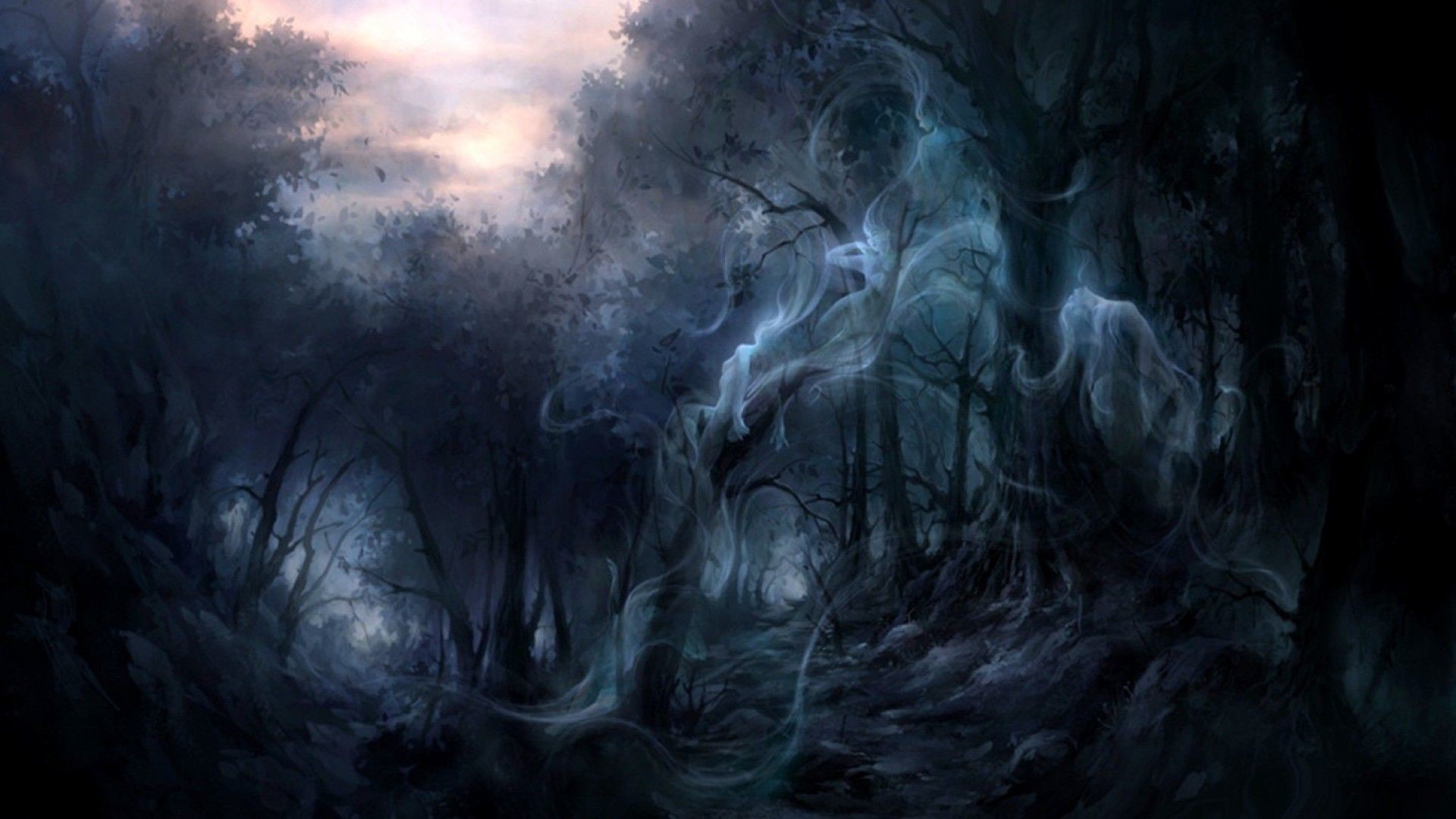Foresta spettrale, Fantasmi, Pittura digitale, Toni blu, Full HD, sfondo per PC e portatile