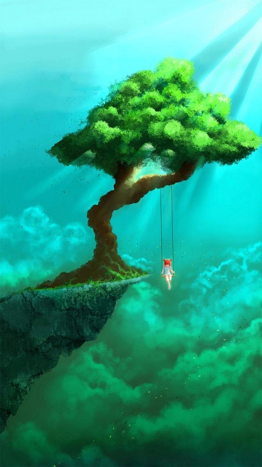 Albero, Isola fluttuante, Altalena, Fantasy, Nuvole, sfondo per il tuo smartphone