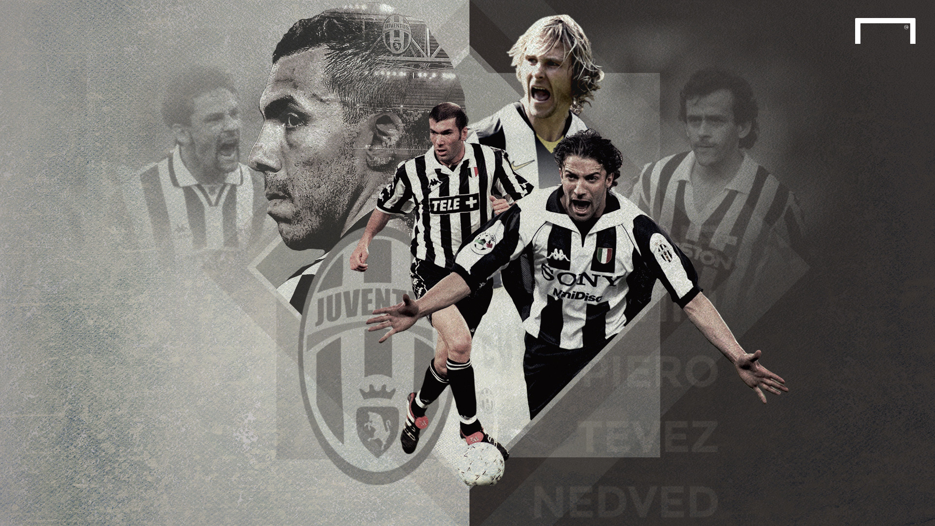 Alessandro Del Piero, Juventus, Carlos Tevez, Pavel Nedvěd, Collage, sfondo Full HD per portatile