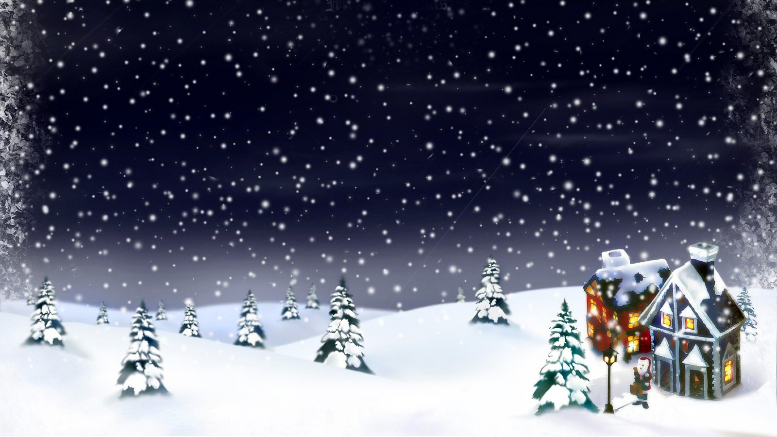 Villaggio innevato, Casette, Nevicata, Notte, Illustrazione, 16:9 2K, sfondo widescreen