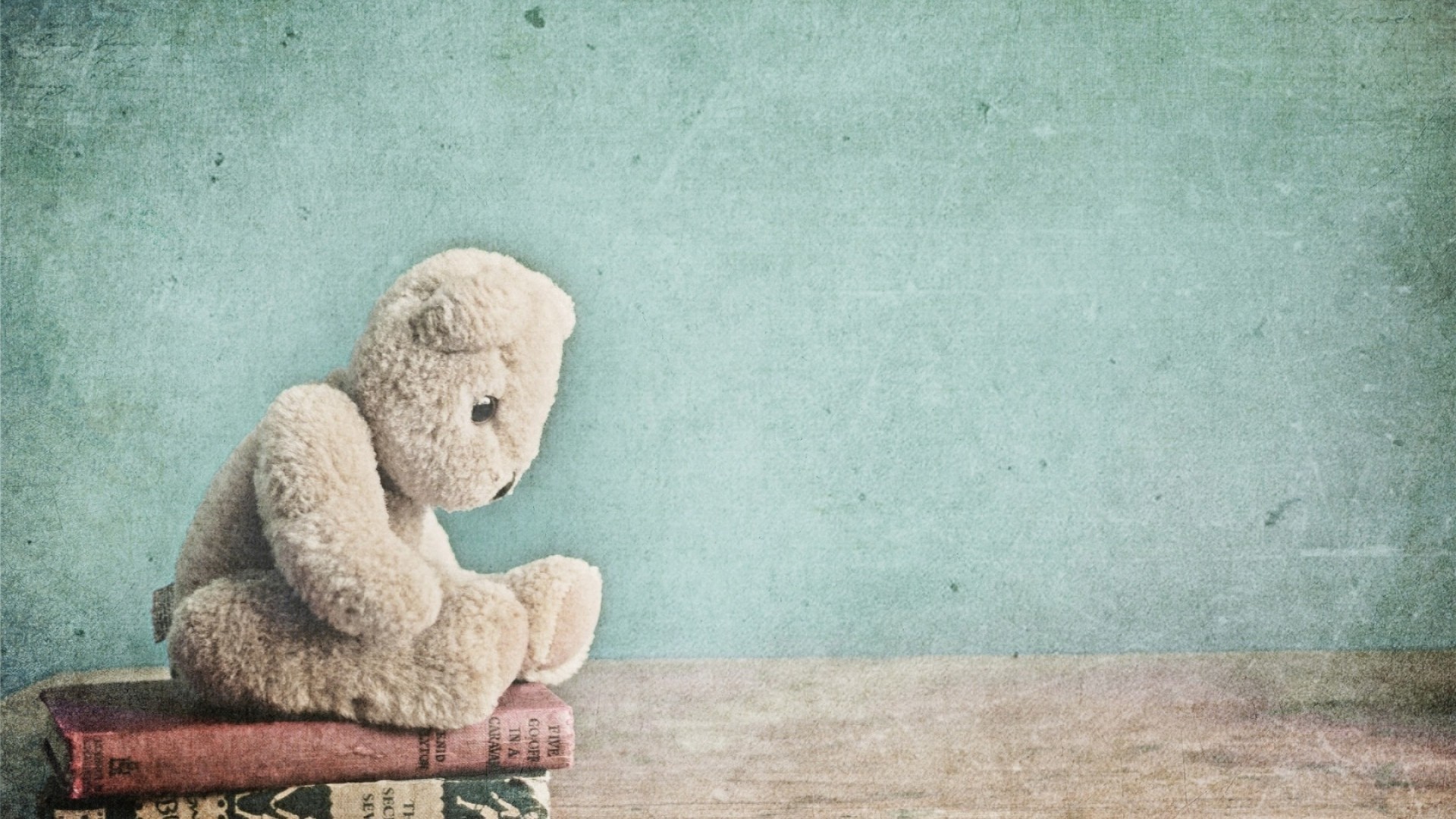 Orsacchiotto, Libri, Sfondo azzurro, Malinconia, Full HD, wallpaper per PC