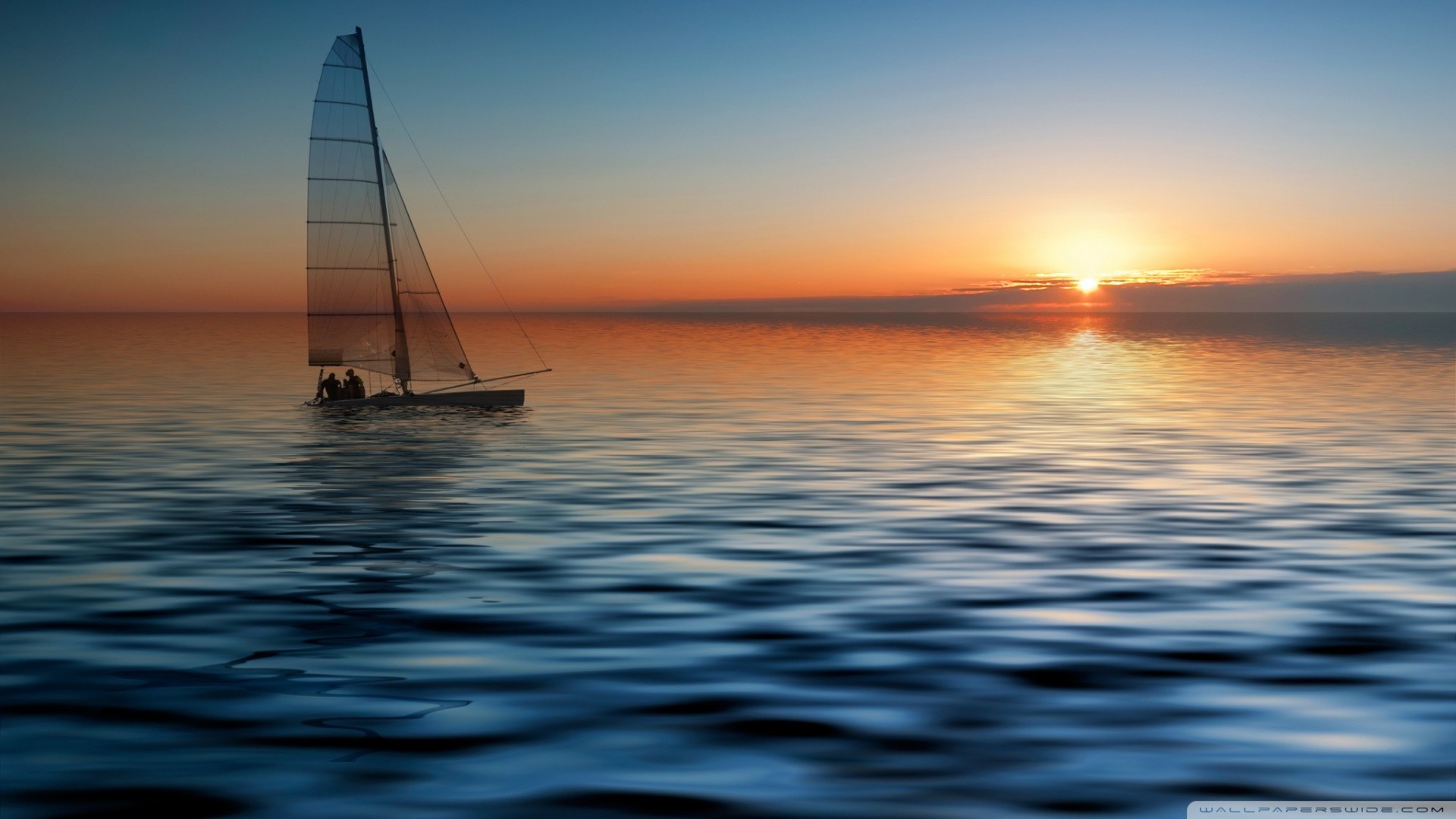 Mare, Barca a vela, Tramonto, Orizzonte, 16:9 Full HD, wallpaper widescreen