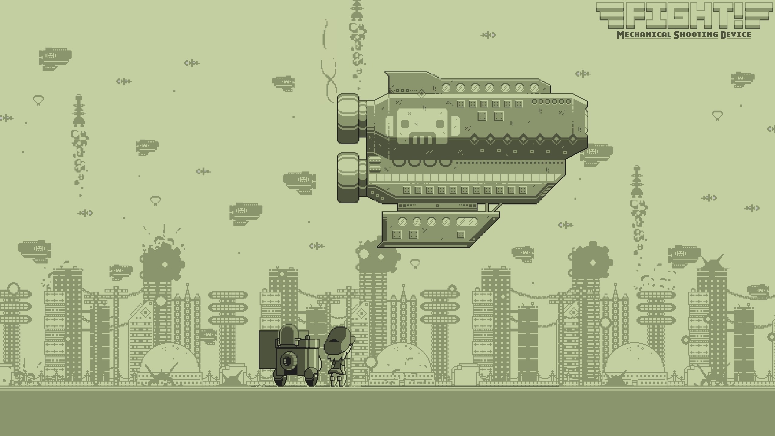 Pixel art, Dirigibile, Stile Game Boy, Città, 16:9 2K, sfondo widescreen