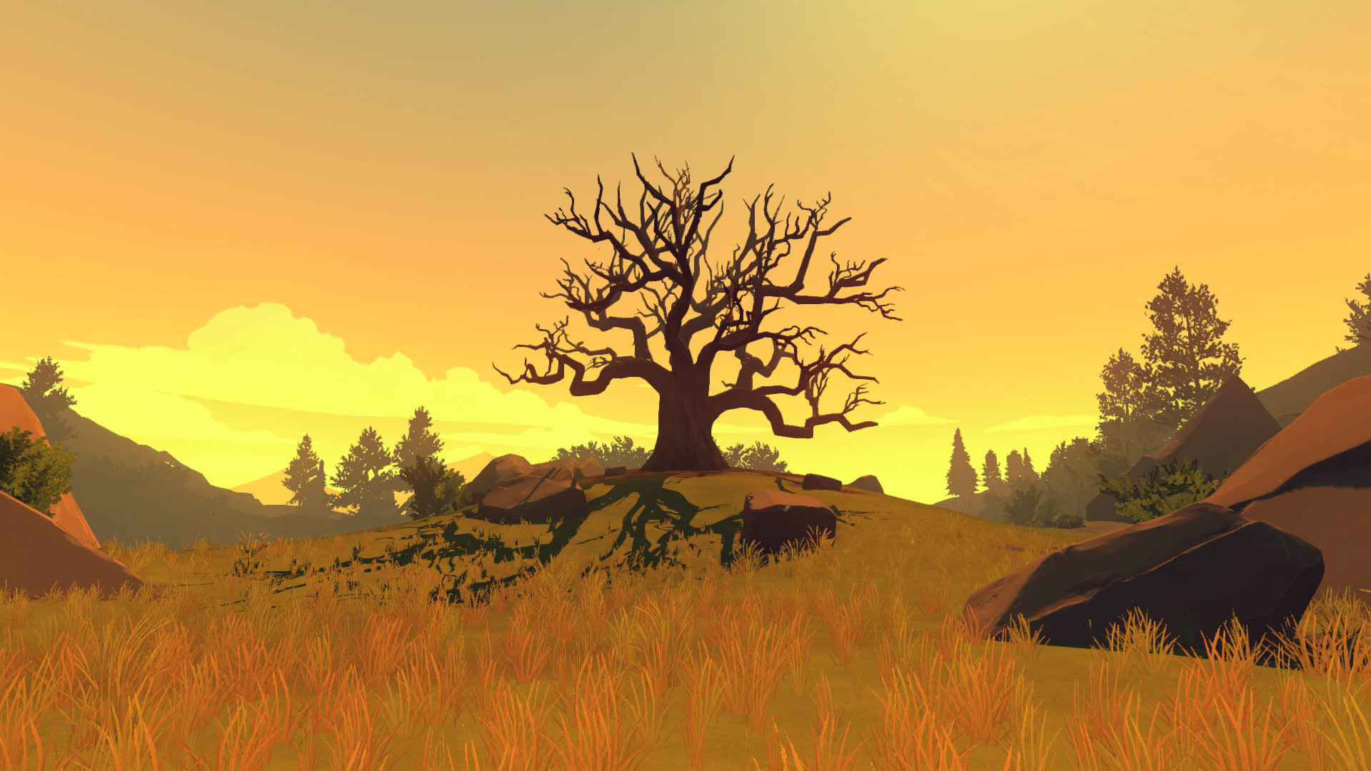 Firewatch, Albero spoglio, Prato, Giallo, Full HD, wallpaper desktop