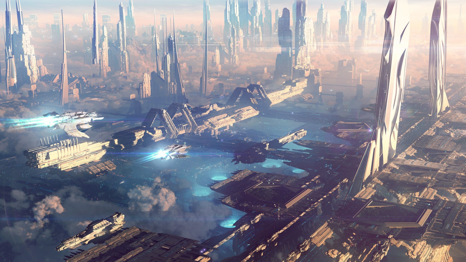 Città futuristica, Astronavi, Grattacieli, Nuvole, Fantascienza, sfondo 16:9 Full HD
