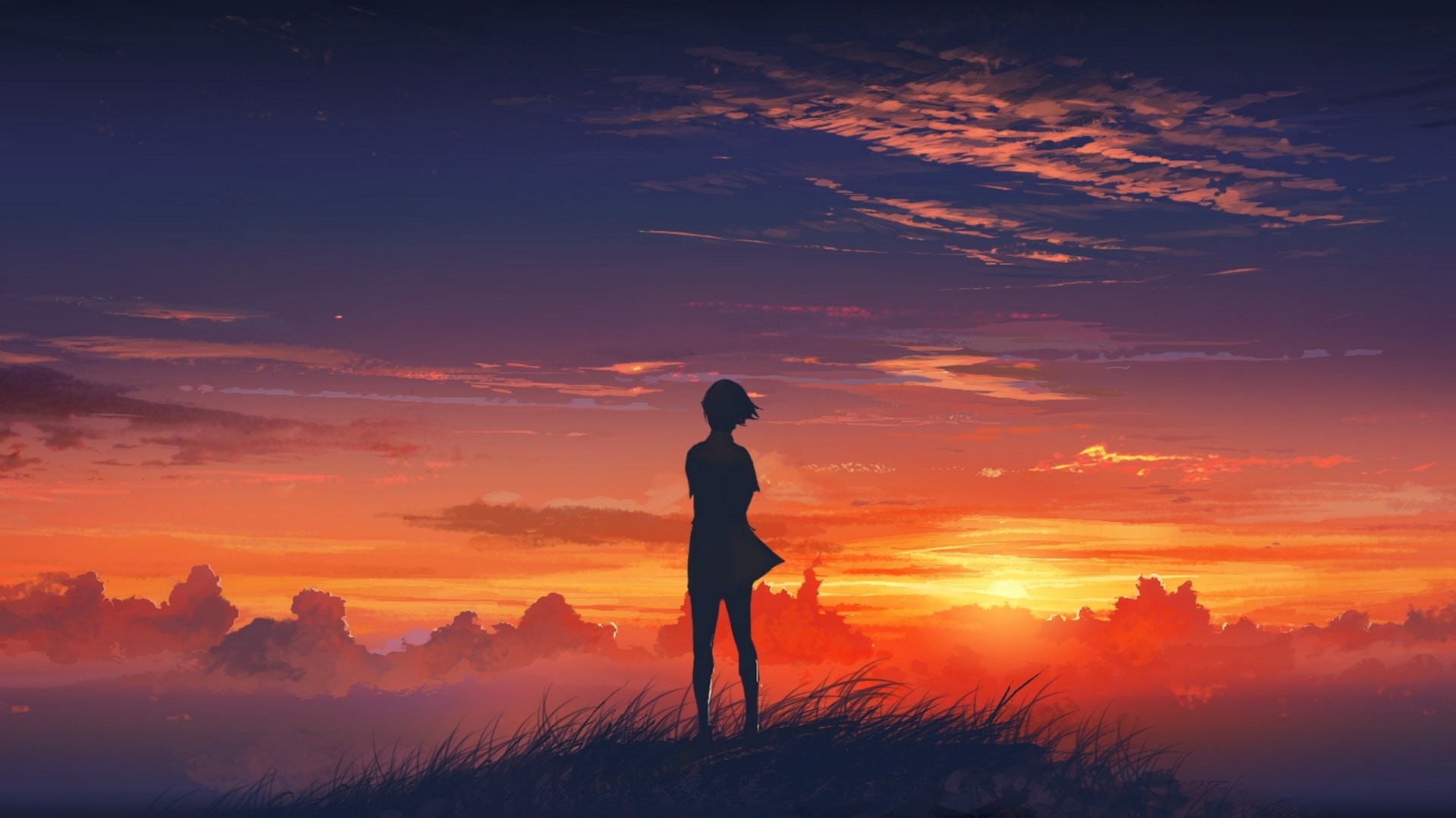 Ragazza, Silhouette, Tramonto, Nuvole, Anime, 16:9 Full HD, sfondo widescreen