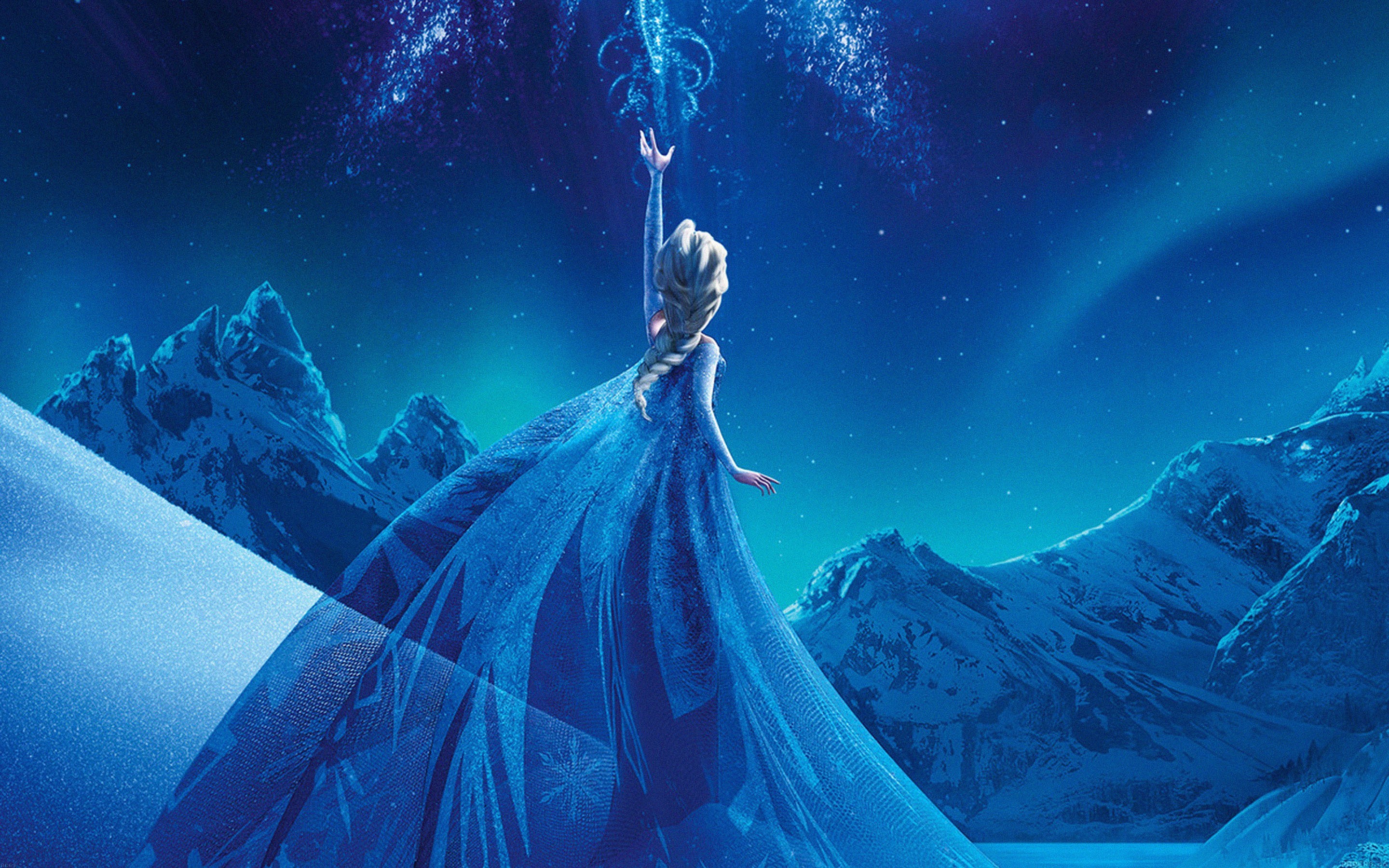 Elsa, Frozen - Il regno di ghiaccio, Montagne innevate, Aurora boreale, Cielo stellato, sfondo 2K
