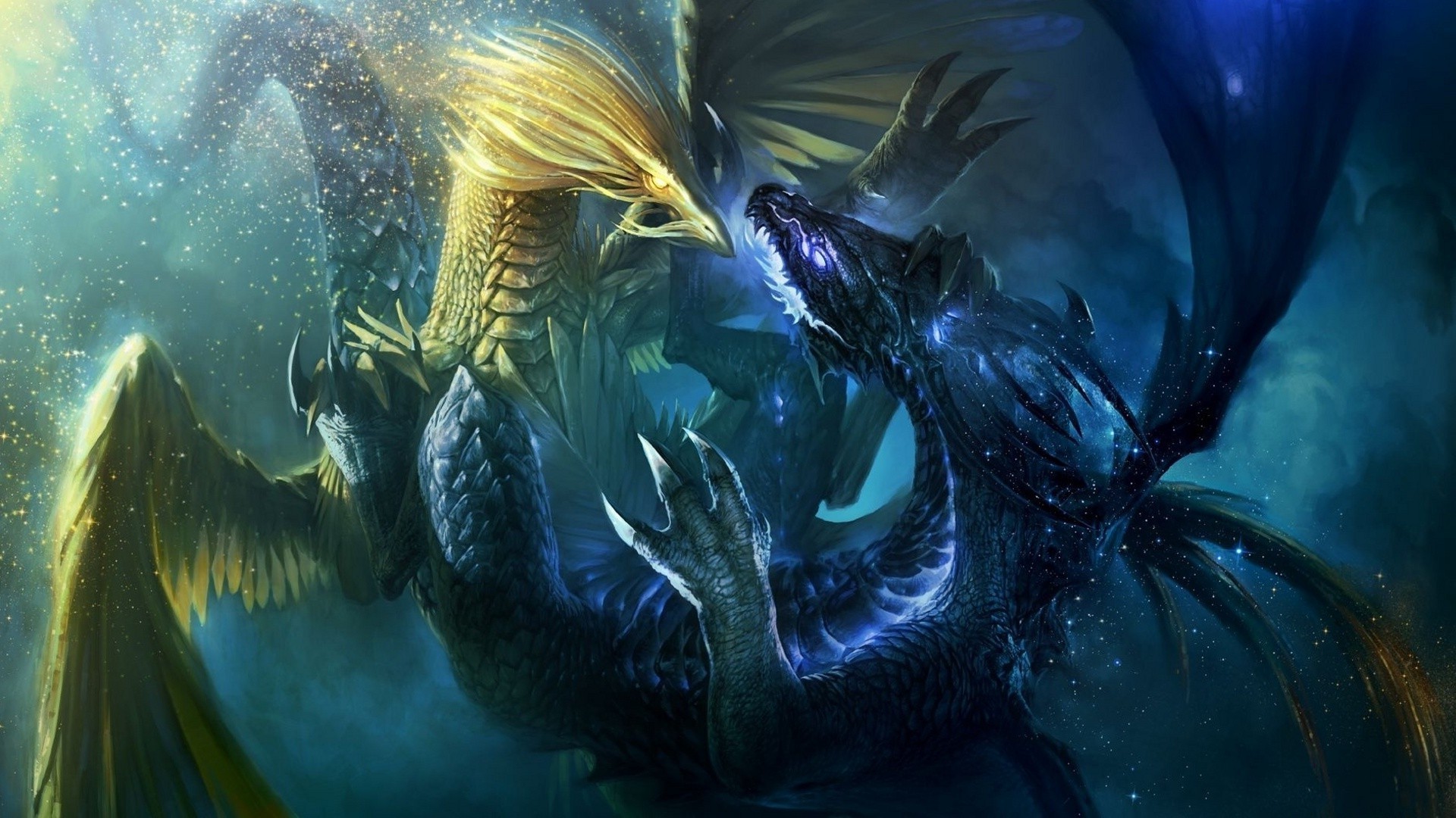 Draghi, Battaglia, Fantasy, Blu e oro, Arte digitale, Full HD, sfondo per PC