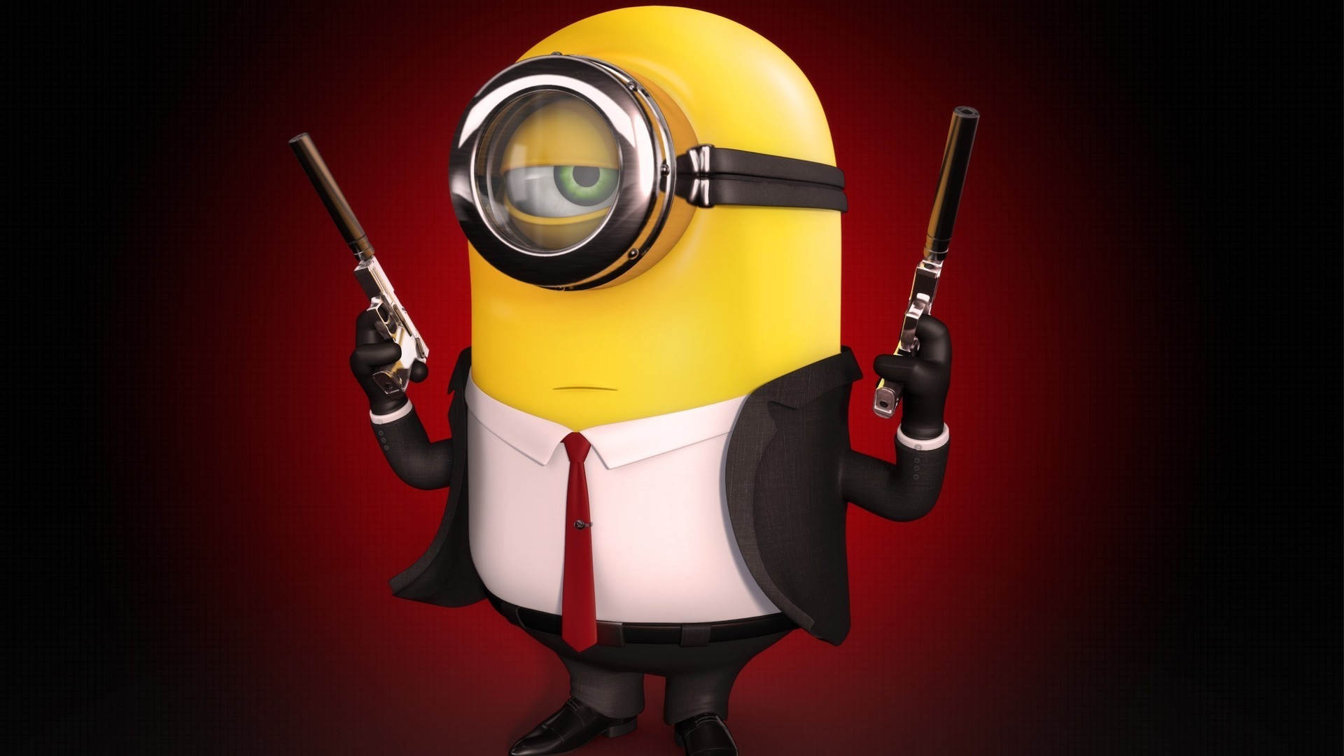 Minion, Hitman, Pistole, Sfondo rosso, Full HD, wallpaper per PC