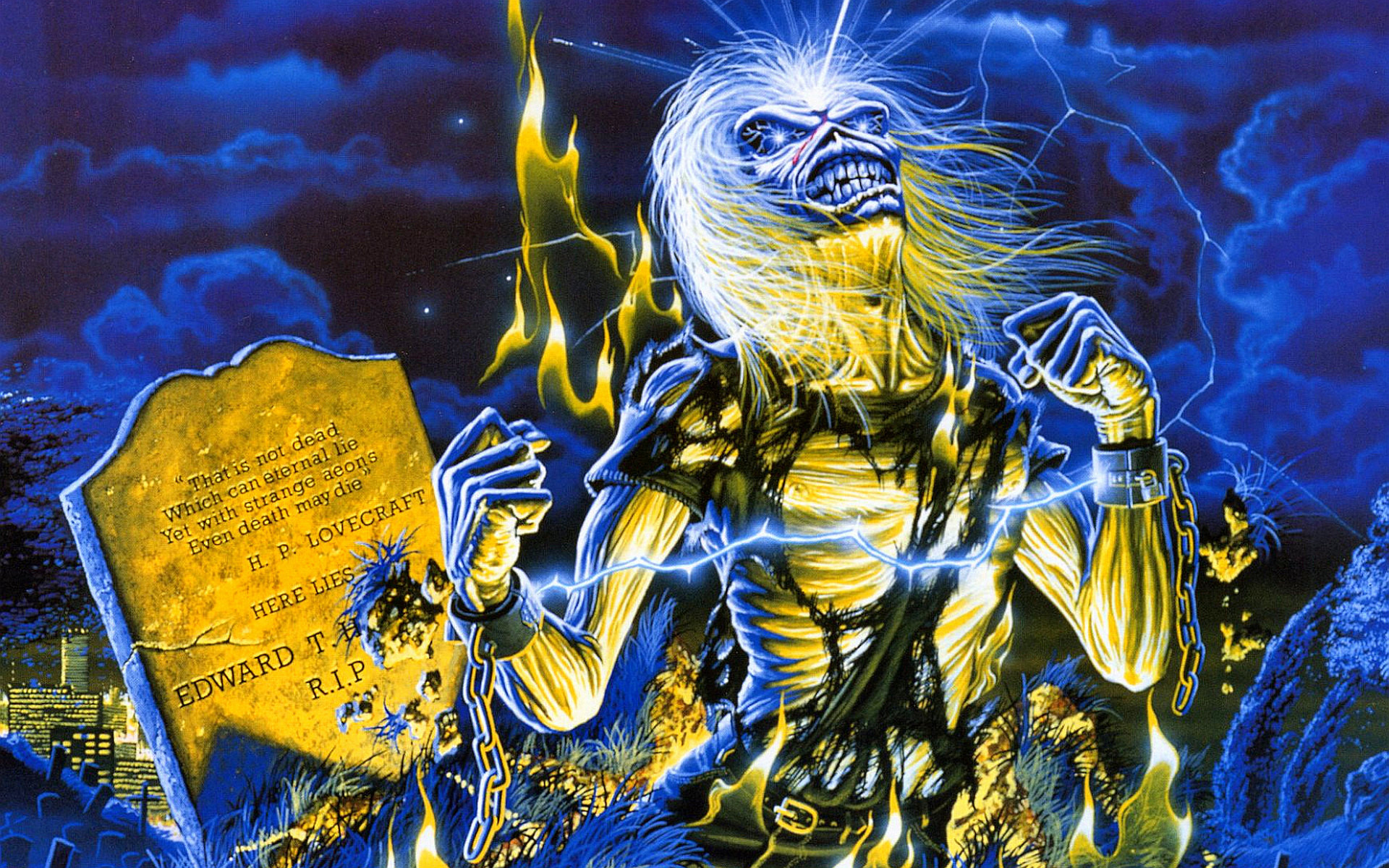 Eddie, Live After Death, Iron Maiden, Lapide, Fulmini, Full HD, sfondo per portatile