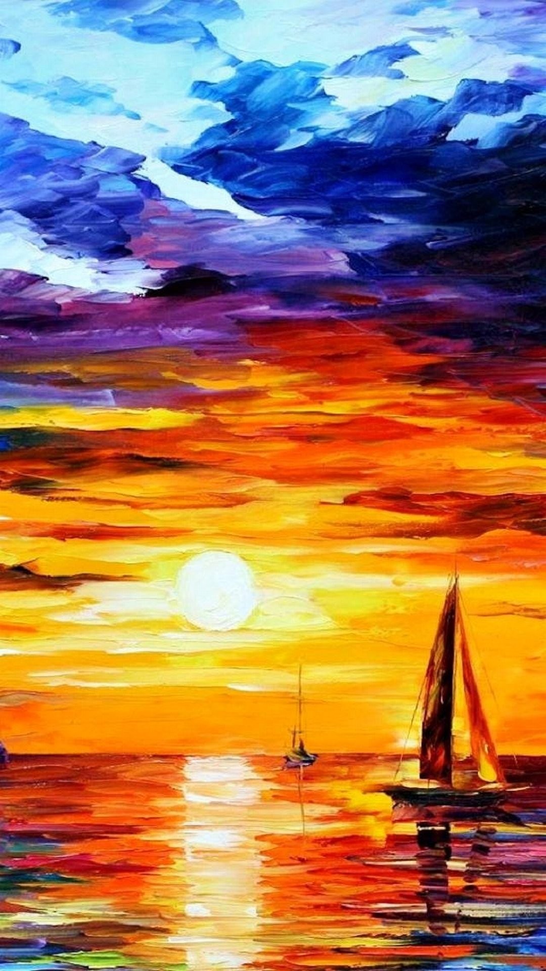 Leonid Afremov, Dipinto a olio, Tramonto, Barca a vela, Mare, Full HD, wallpaper per tablet