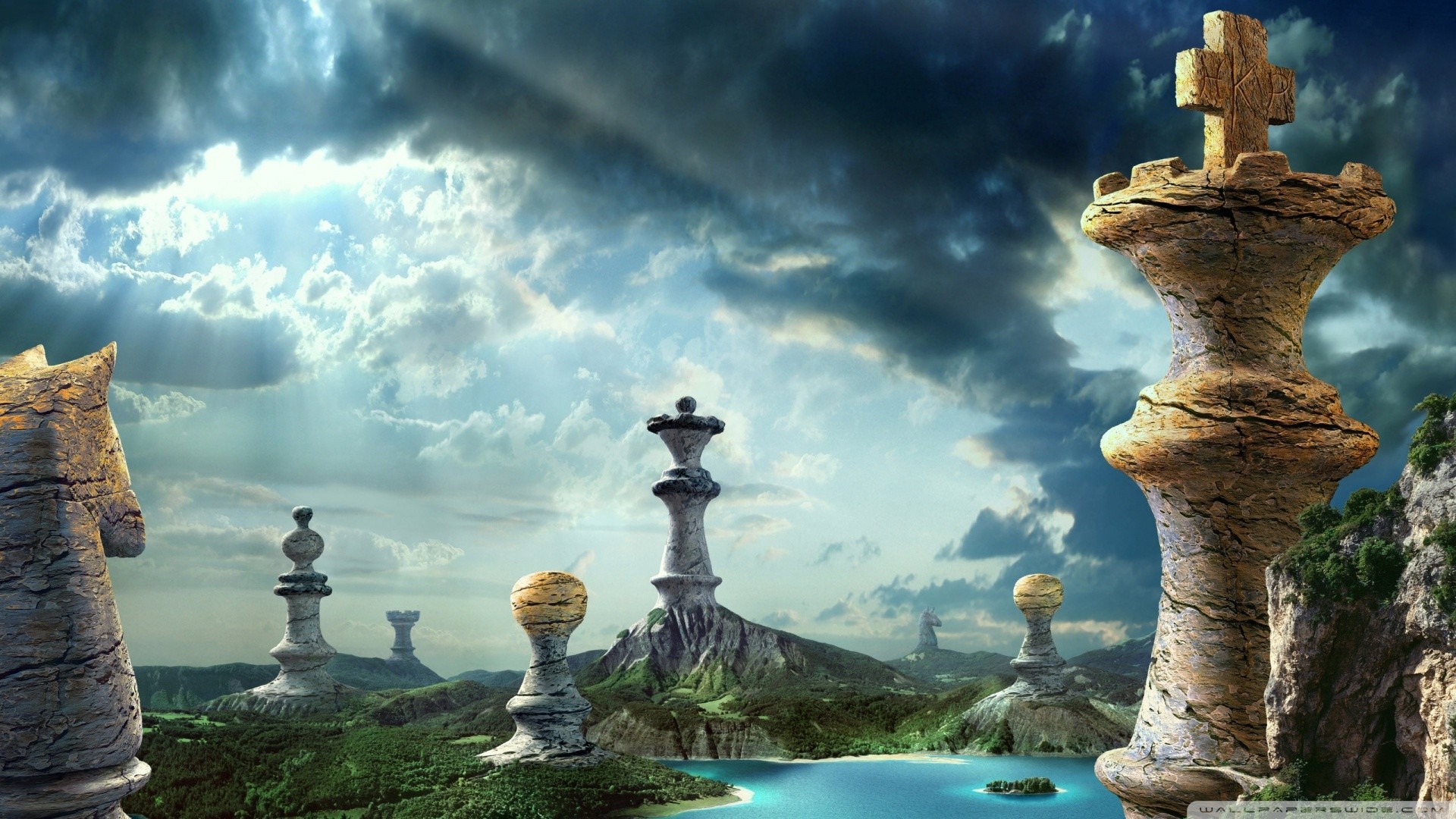 Pezzi degli scacchi, Paesaggio fantastico, Re, Nuvole, Arte digitale, sfondo Full HD per PC
