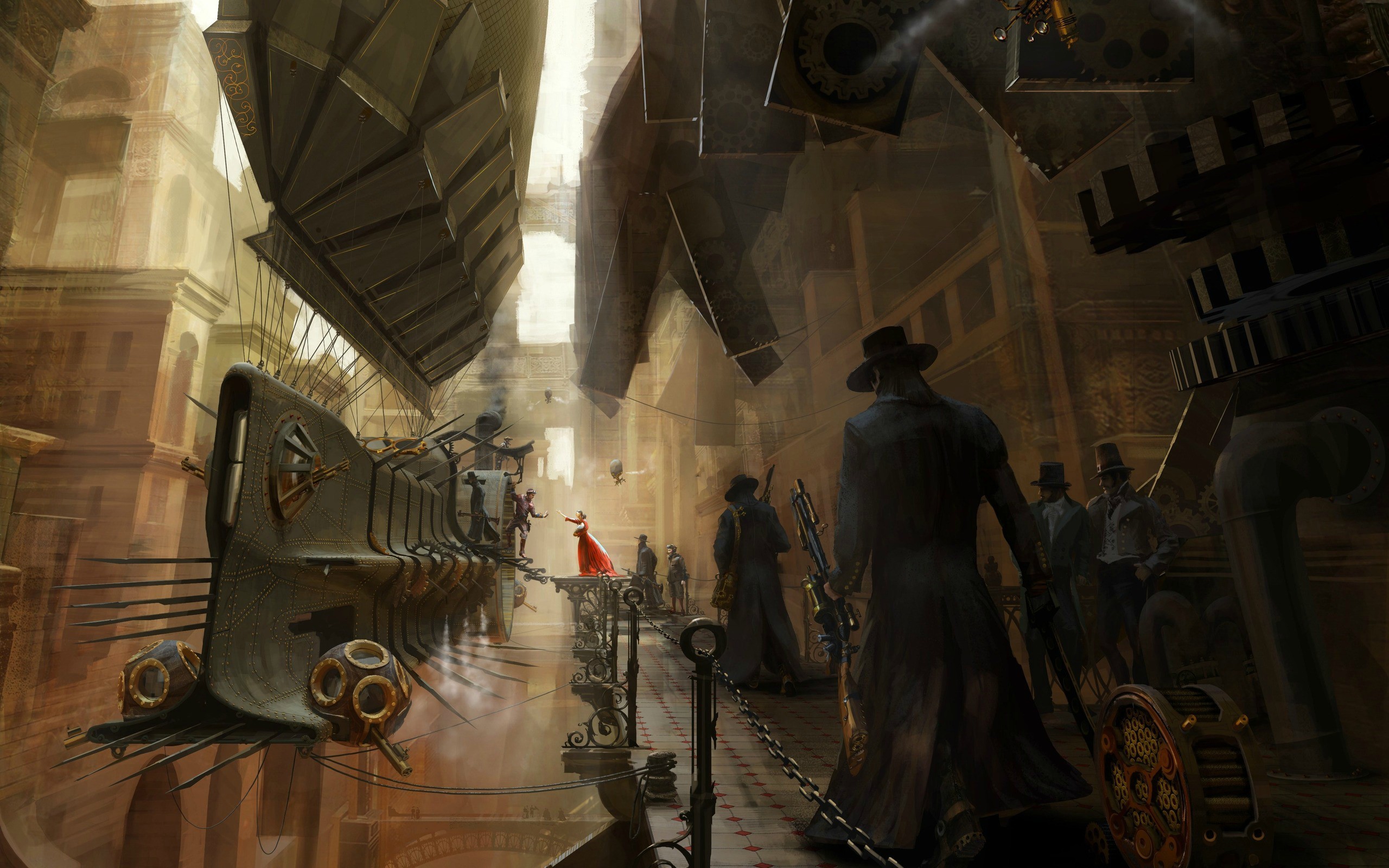 Città vittoriana, Dirigibile, Strada, Steampunk, 2K, sfondo desktop