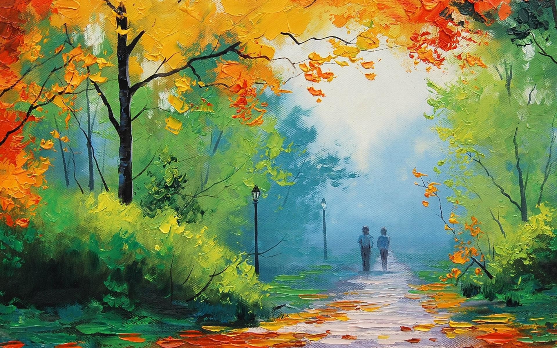 Coppia, Viale alberato, Autunno, Pittura, 16:10 Full HD, sfondo widescreen