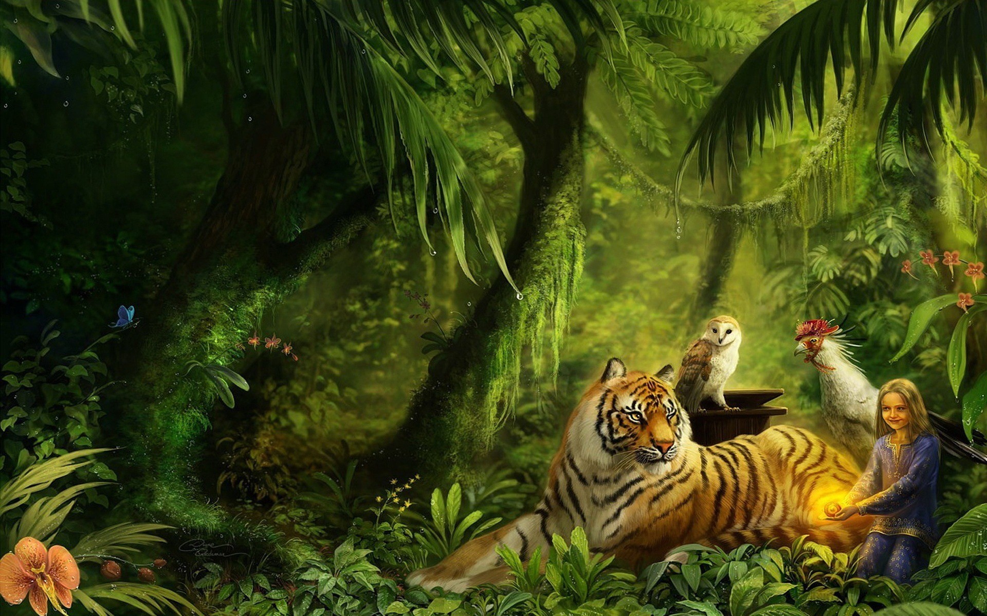 Tigre, Giungla, Bambina, Gufo, Arte fantasy, 1920x1200, sfondo MacBook Pro