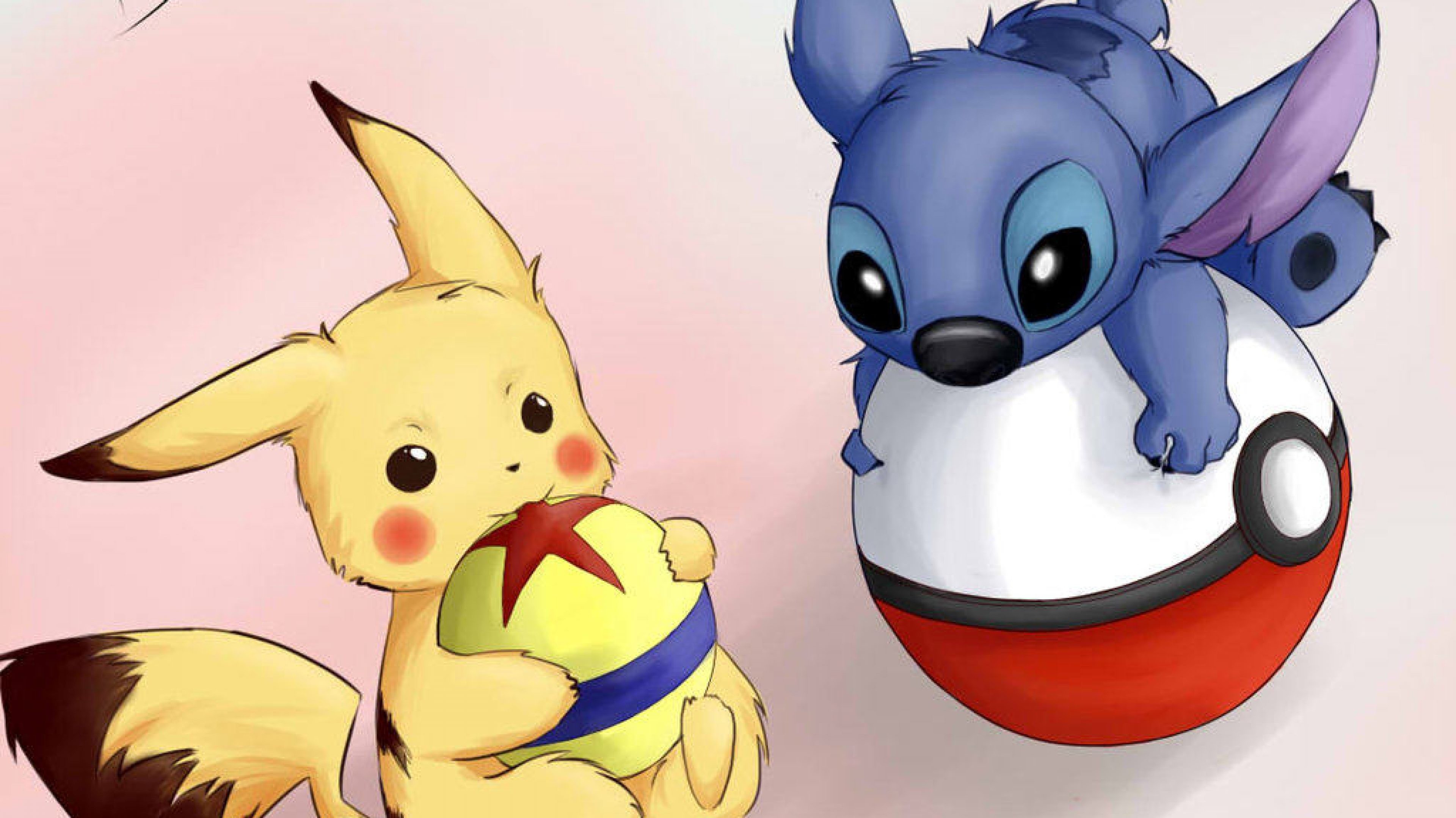Stitch, Pikachu, Poké Ball, Pokémon, Crossover, 3840x2160, immagine di sfondo