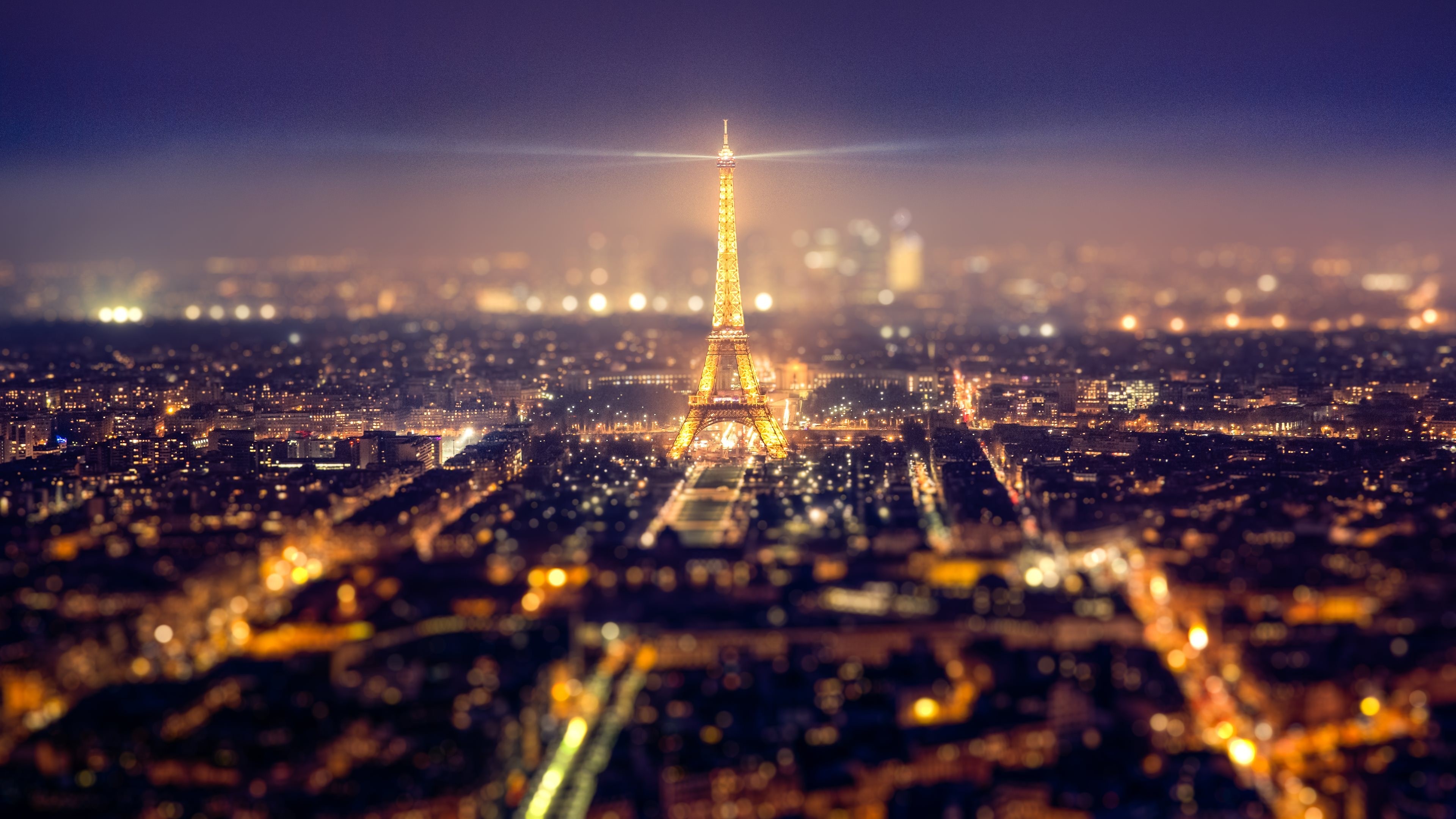 Torre Eiffel, Parigi, Città di notte, Tilt-shift, 4K, sfondo per portatile
