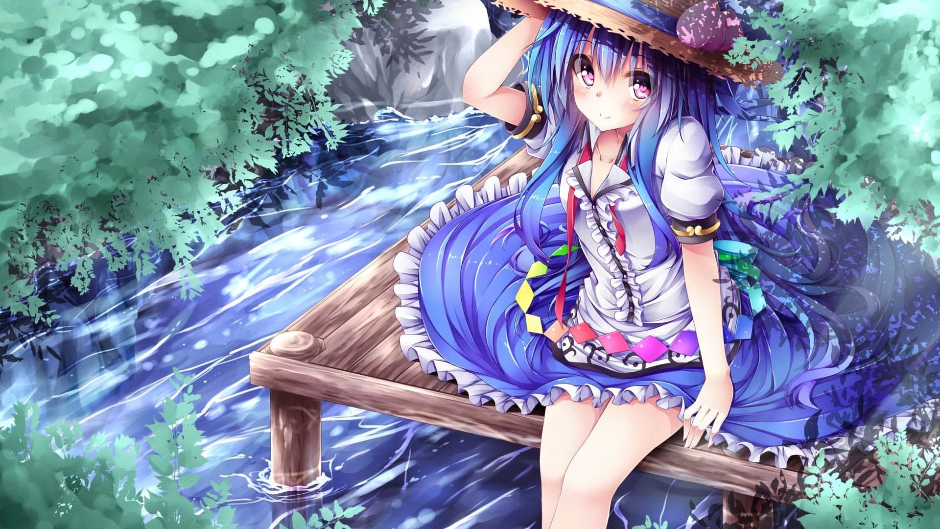 Tenshi Hinanawi, Touhou Project, Ruscello, Cappello, Foresta, 1920x1080, wallpaper desktop