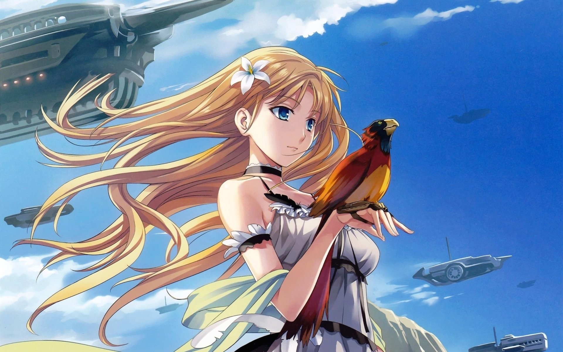 Ragazza anime, Pappagallo, Cielo azzurro, Dirigibili, 16:10 Full HD, sfondo widescreen