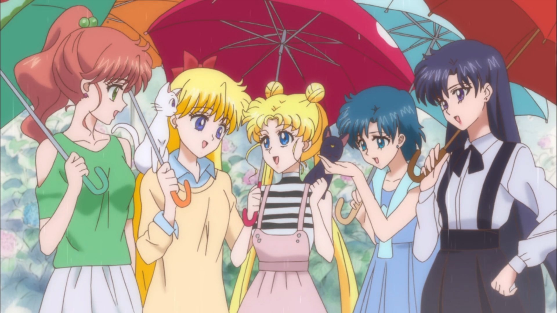 Usagi Tsukino, Ami Mizuno, Rei Hino, Makoto Kino, Minako Aino, Ombrelli, sfondo Full HD per PC
