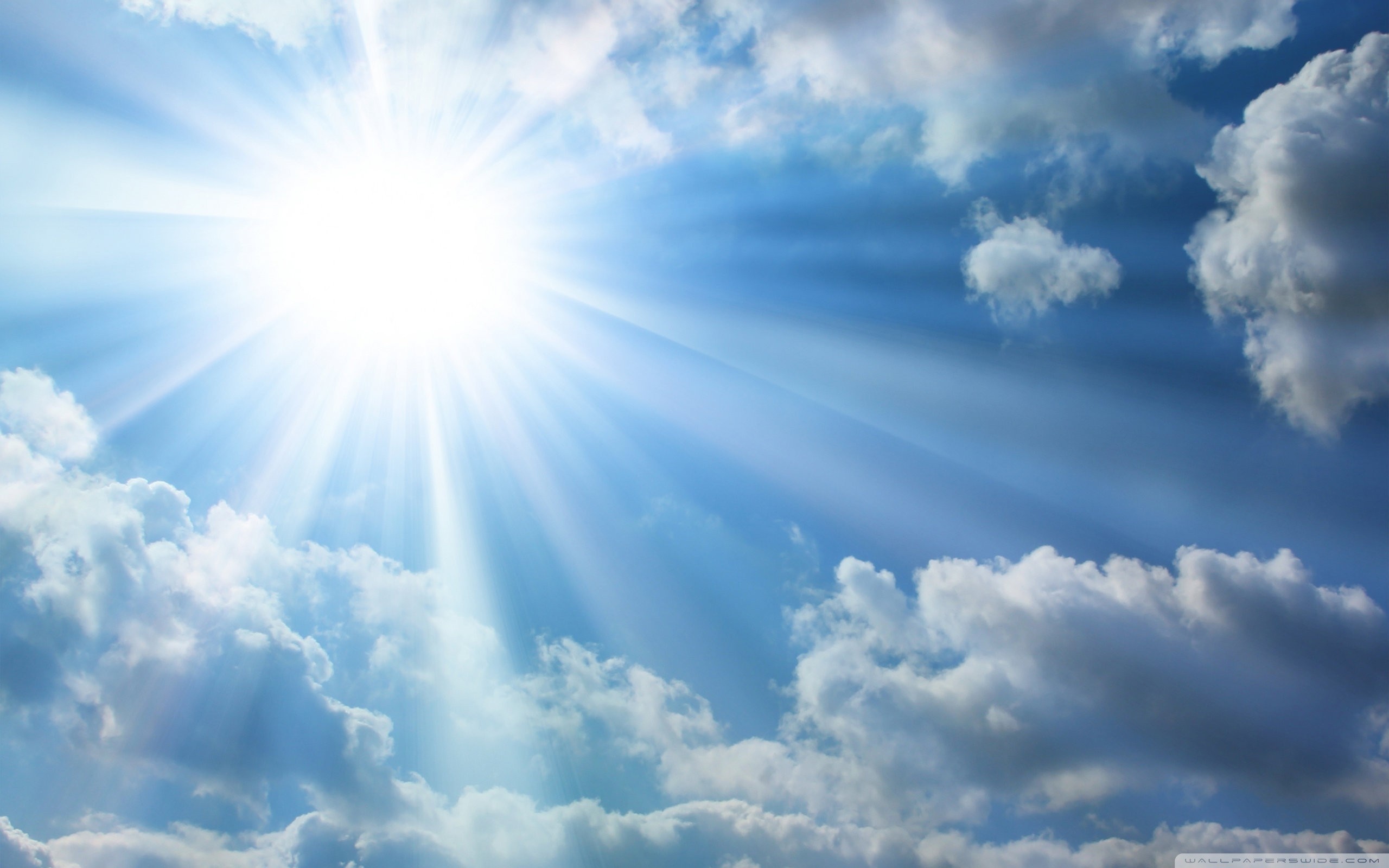 Sole, Cielo azzurro, Nuvole, Raggi di sole, 2K, sfondo desktop