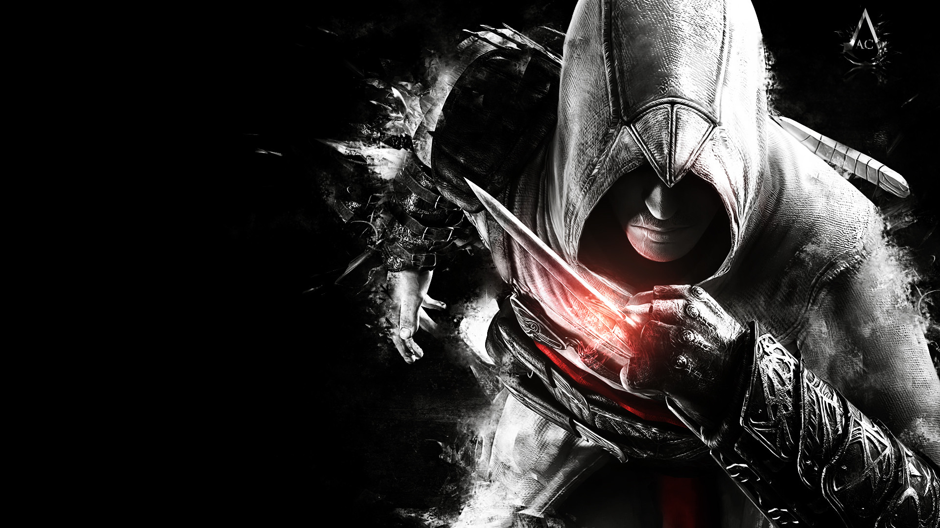 Ezio Auditore da Firenze, Assassin's Creed, Lama celata, Bianco e nero, sfondo Full HD per PC