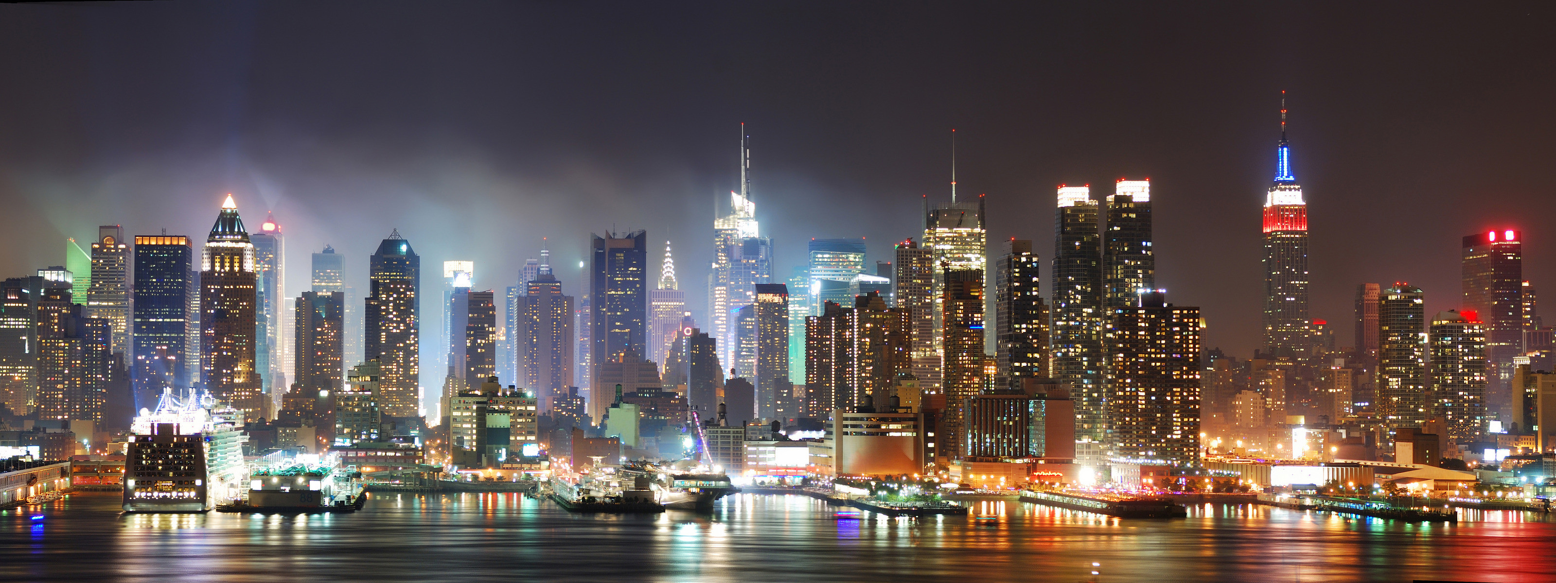 Skyline di Manhattan, Empire State Building, New York, Notte, 2K, sfondo per PC e portatile