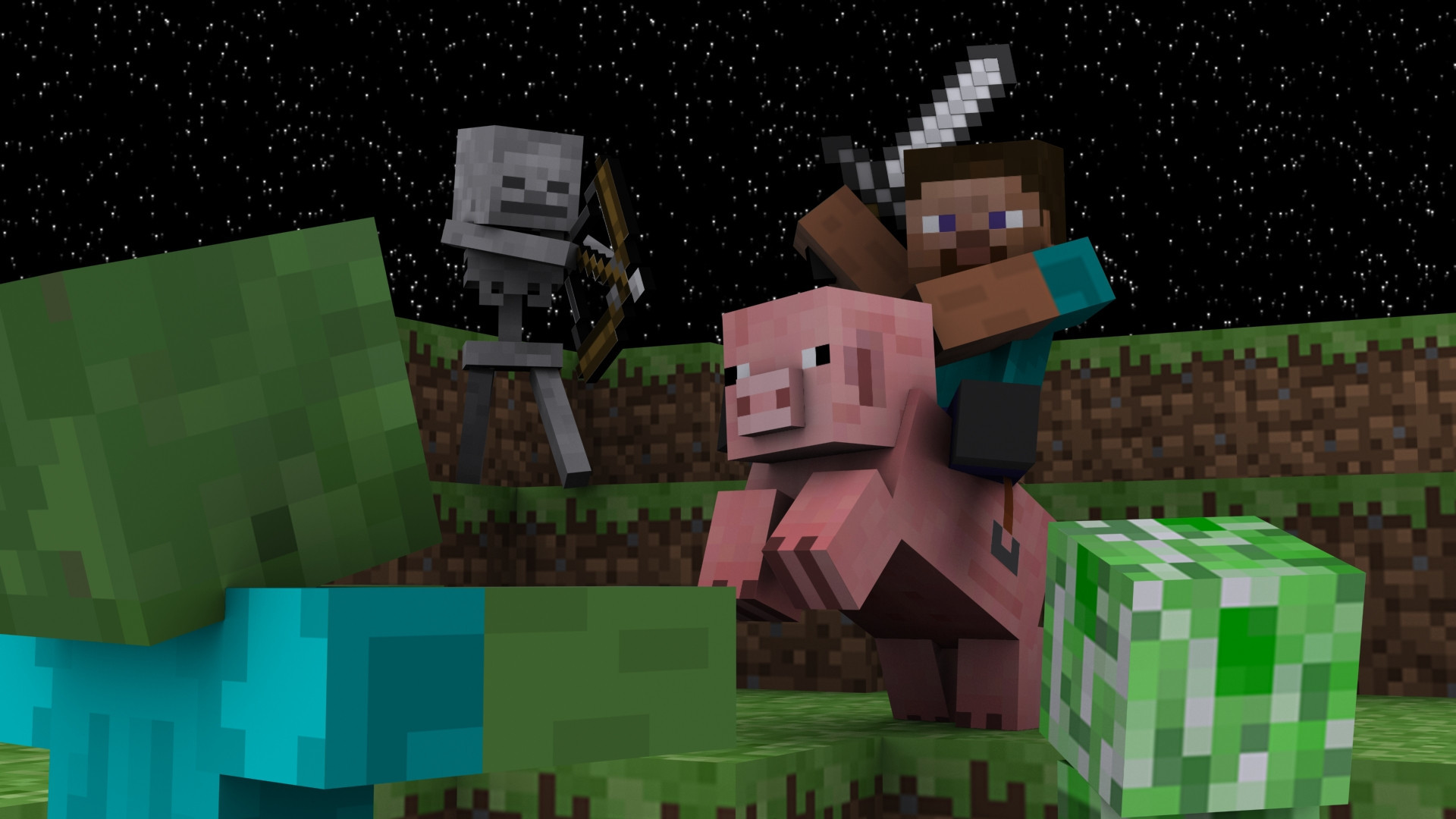 Steve, Scheletro, Zombie, Creeper, Maiale, Minecraft, Full HD, sfondo per PC e portatile