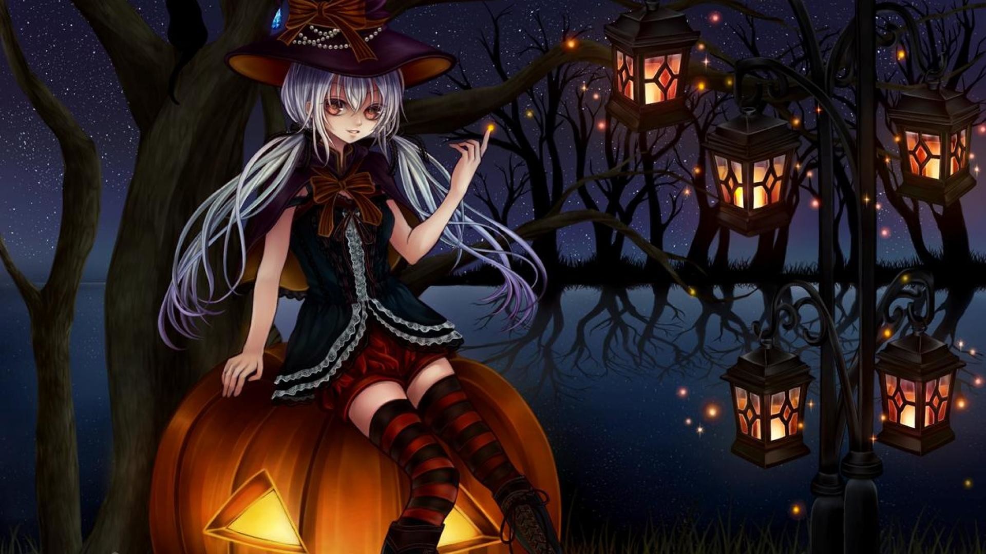 Ragazza strega, Anime, Zucca, Lanterne, Notte, Foresta, Full HD, sfondo per PC e portatile